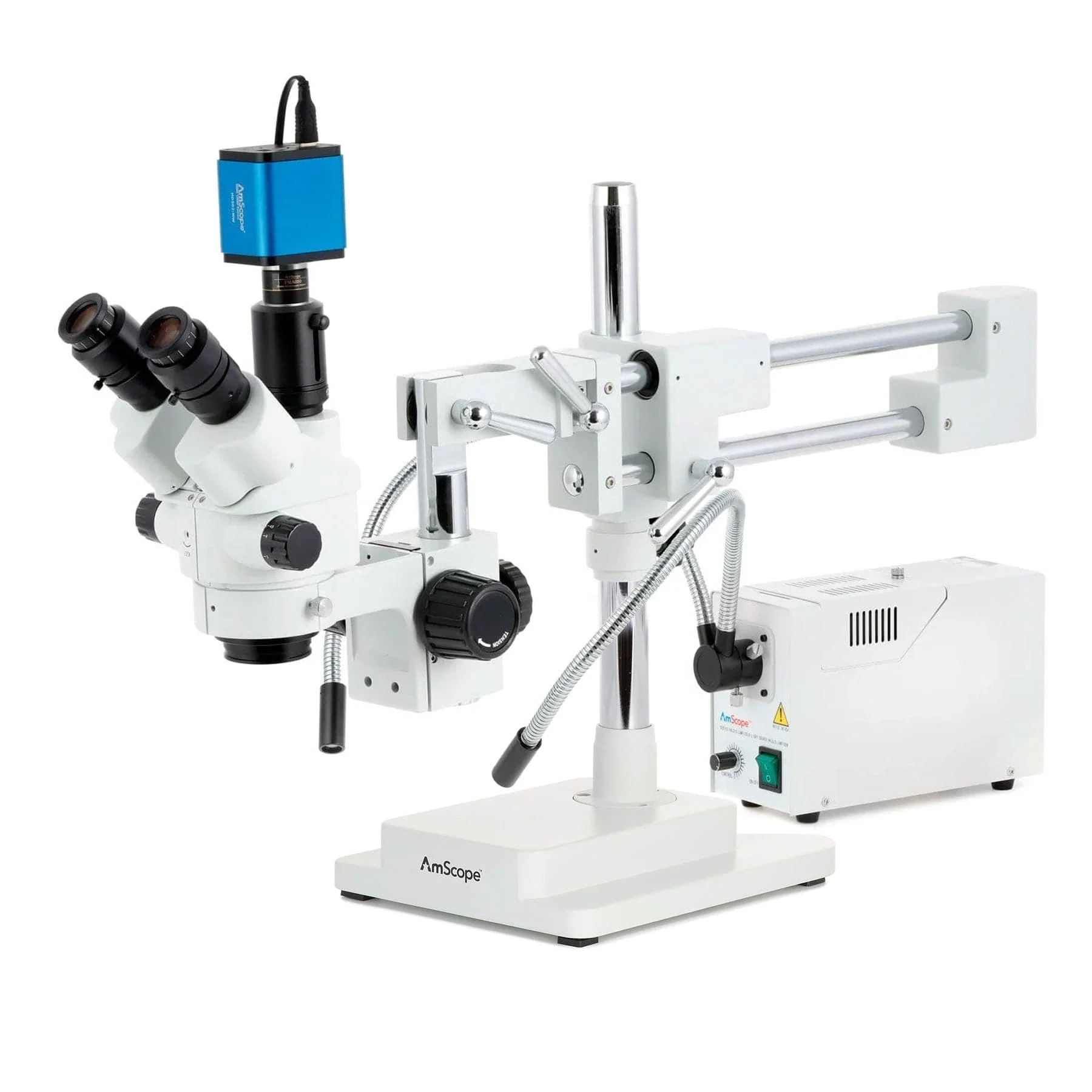 AmScope SM-4 Series Simul-Focal Lockable Zoom Trinocular Stereo Microscope with 150W Halogen Dual Fiber Gooseneck Lights and HDMI Camera on Double Arm Boom Stand - Image 2