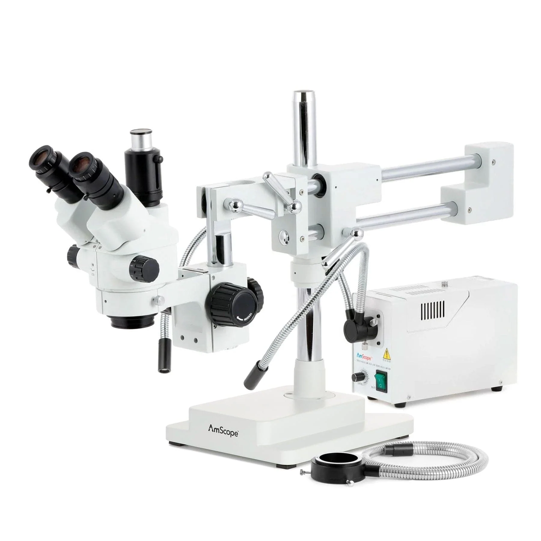 AmScope SM-4 Series Simul-Focal Lockable Zoom Trinocular Stereo Microscope with 150W Halogen Dual Gooseneck & Ring Lights and Optional Digital Camera on Double Arm Boom Stand