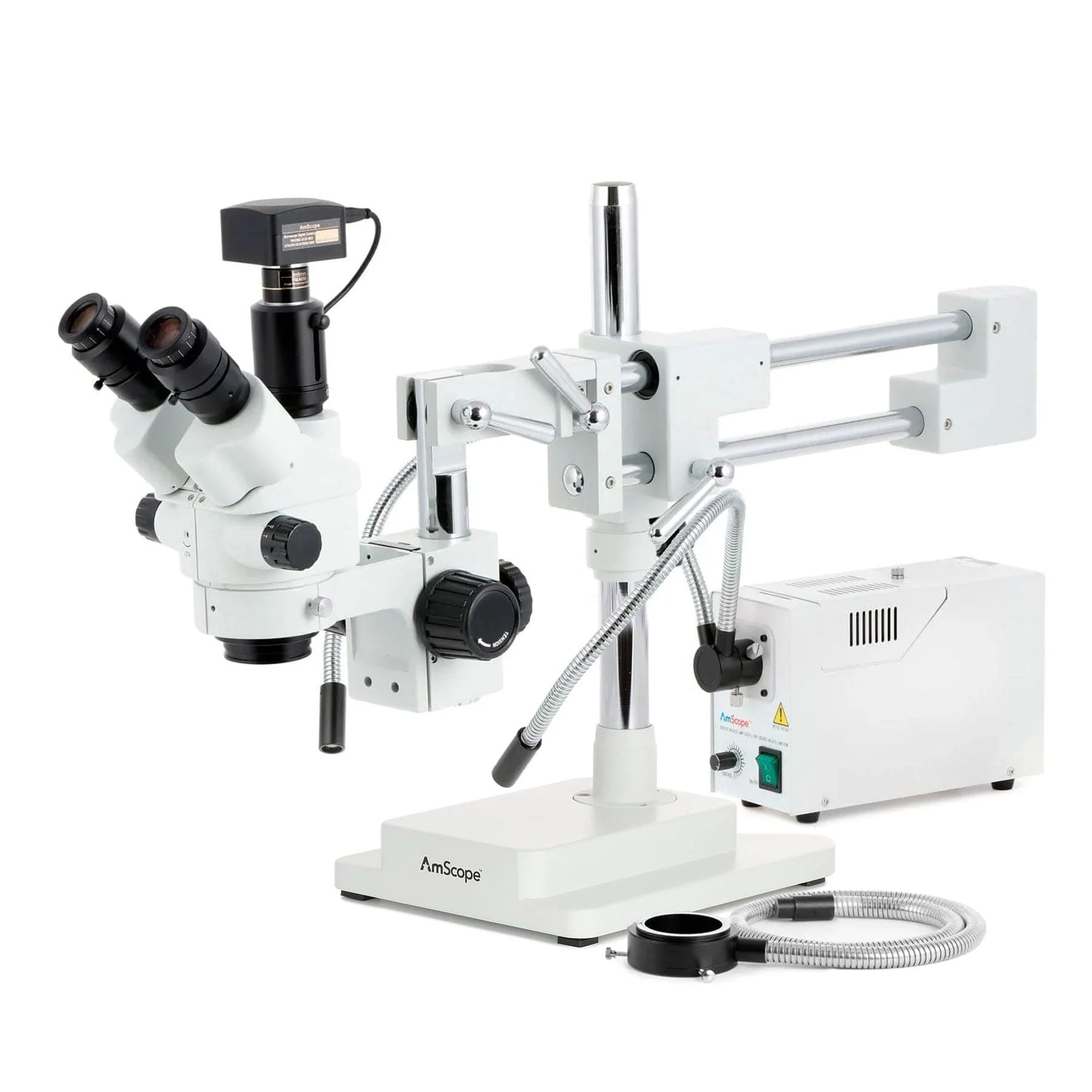 AmScope SM-4 Series Simul-Focal Lockable Zoom Trinocular Stereo Microscope with 150W Halogen Dual Gooseneck & Ring Lights and Optional Digital Camera on Double Arm Boom Stand - Image 4