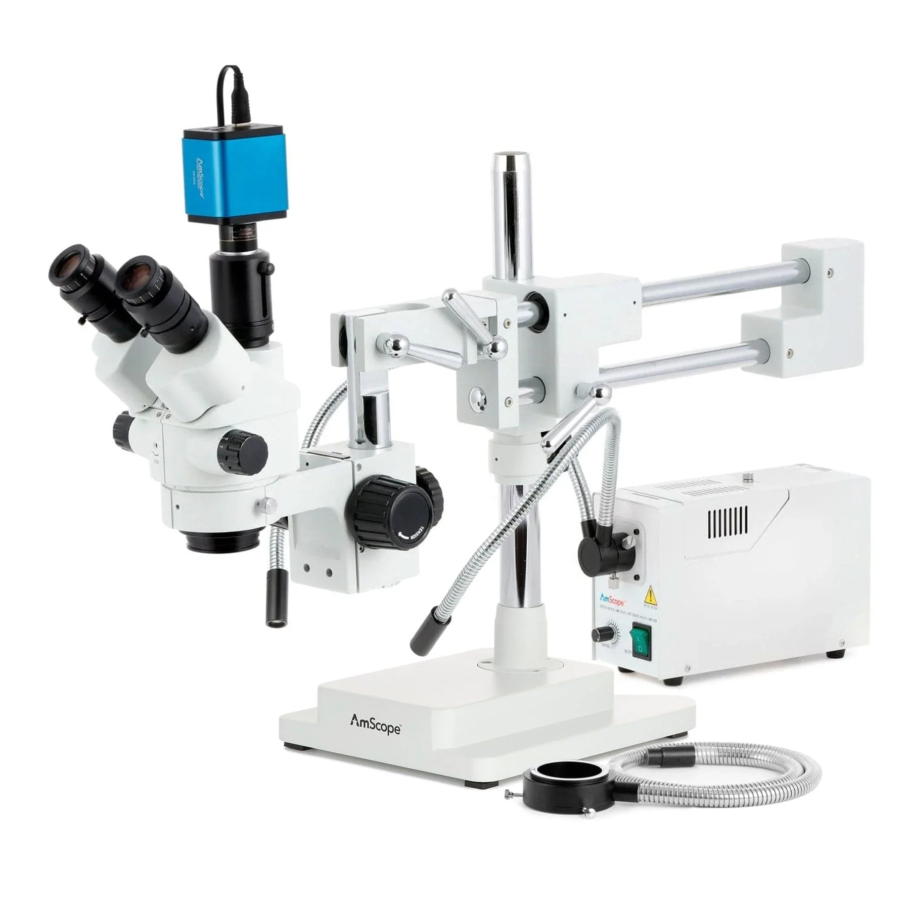 AmScope SM-4 Series Simul-Focal Lockable Zoom Trinocular Stereo Microscope with 150W Halogen Dual Gooseneck & Ring Lights and Auto Focus Camera on Double Arm Boom Stand - Image 4