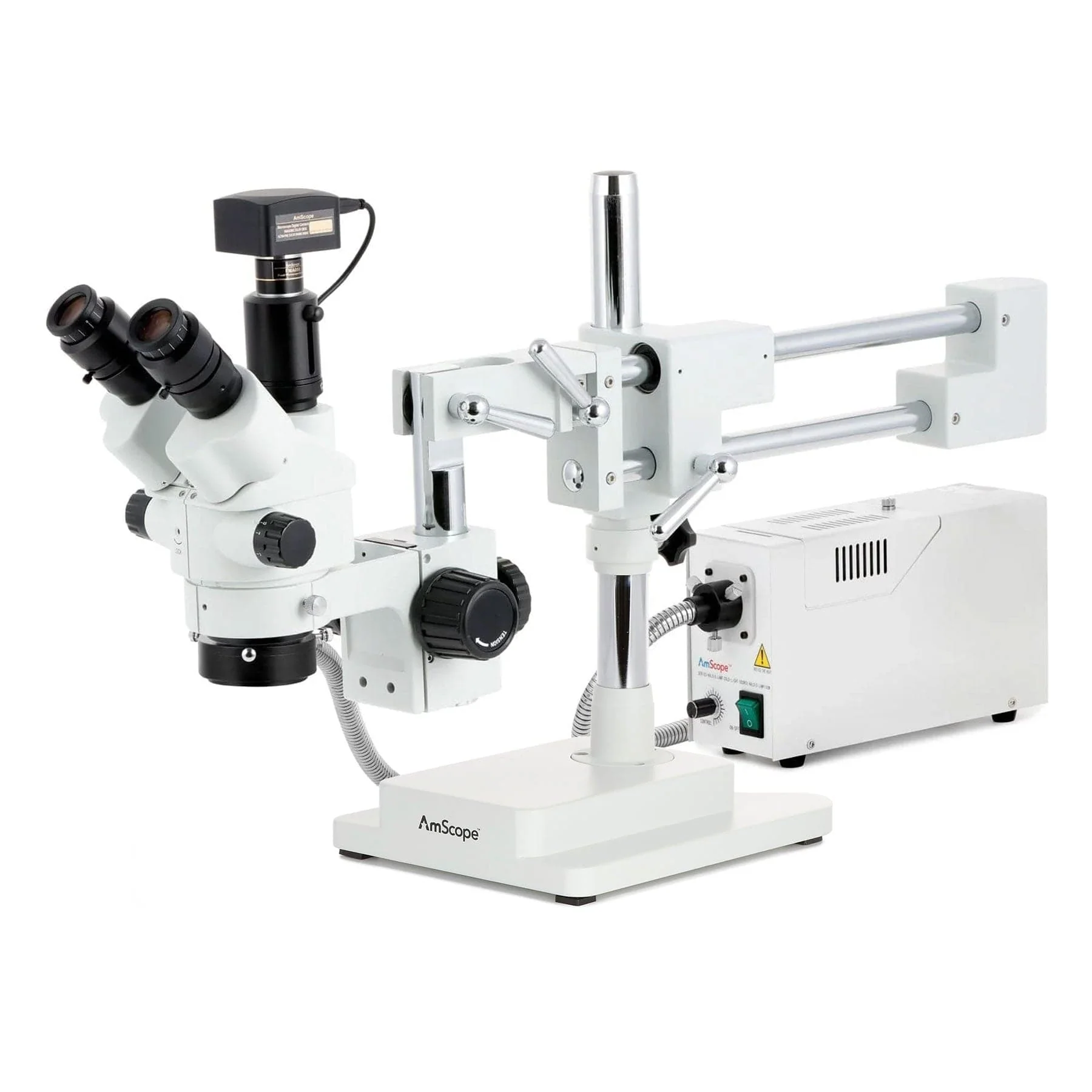AmScope SM-4 Series Simul-Focal Lockable Zoom Trinocular Stereo Microscope with 150W Halogen Ring Light and Optional Digital Camera on Double Arm Boom Stand - Image 4