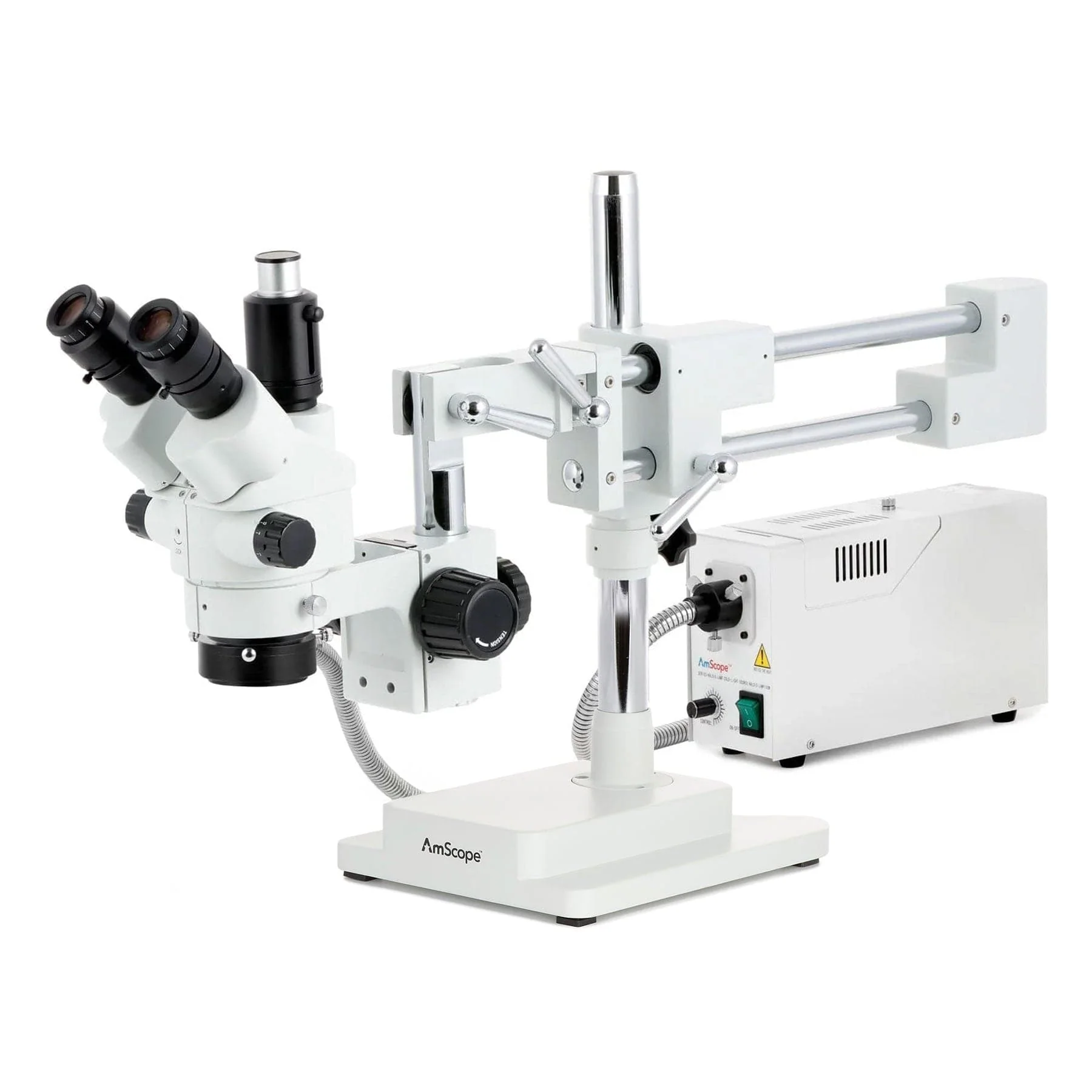 AmScope SM-4 Series Simul-Focal Lockable Zoom Trinocular Stereo Microscope with 150W Halogen Ring Light and Auto Focus Camera on Double Arm Boom Stand