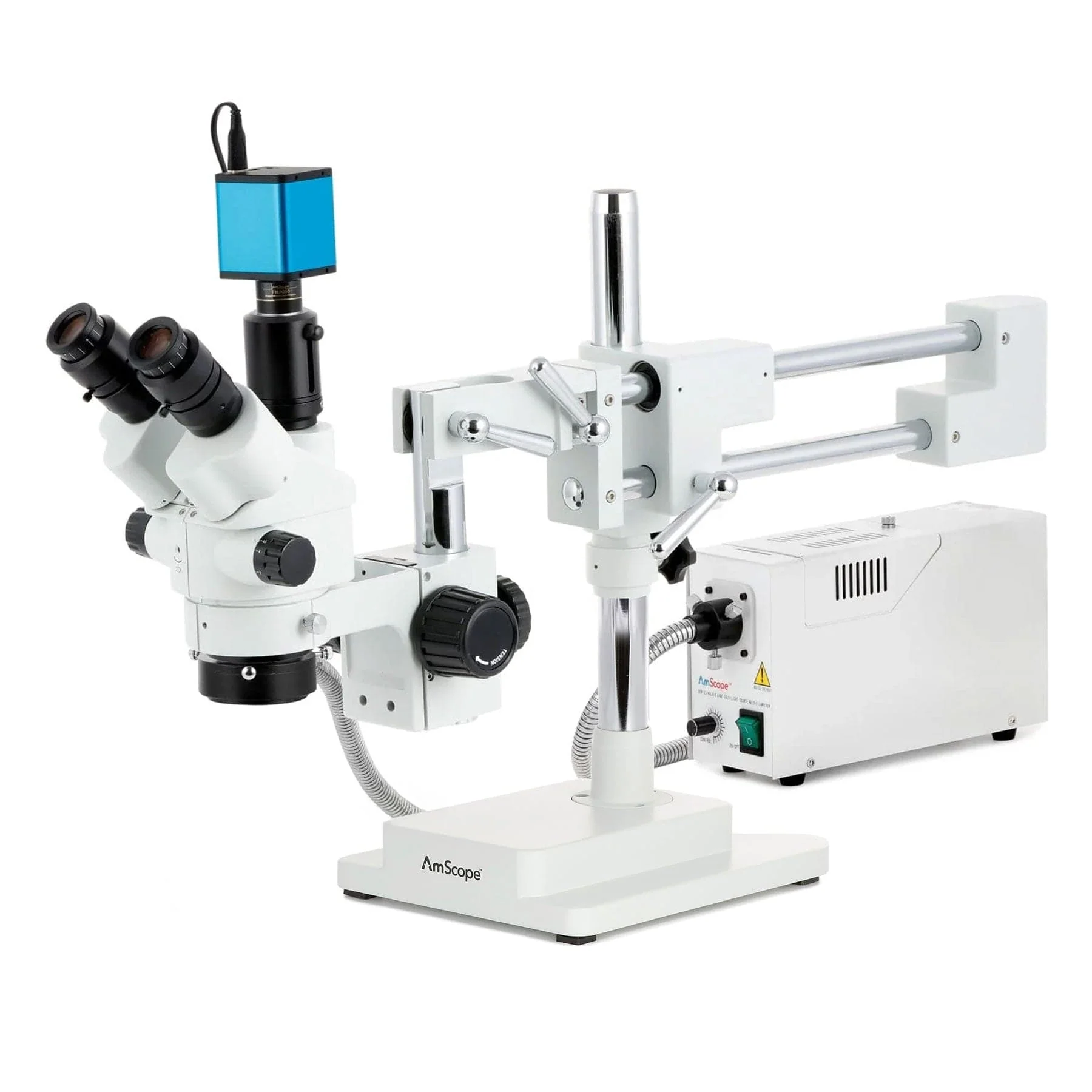 AmScope SM-4 Series Simul-Focal Lockable Zoom Trinocular Stereo Microscope with 150W Halogen Ring Light and Auto Focus Camera on Double Arm Boom Stand - Image 2