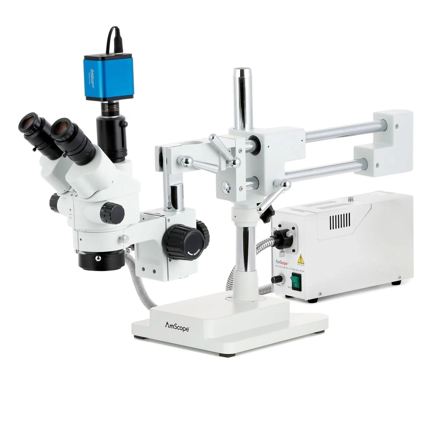 AmScope SM-4 Series Simul-Focal Lockable Zoom Trinocular Stereo Microscope with 150W Halogen Ring Light and HDMI Camera on Double Arm Boom Stand - Image 2