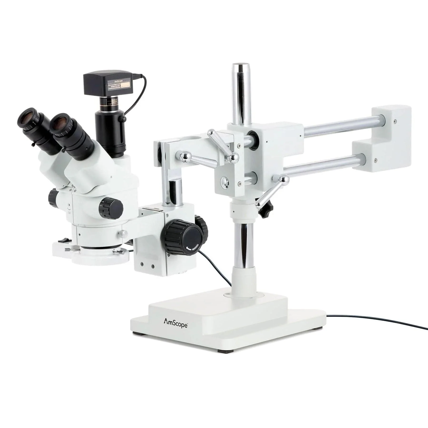 AmScope SM-4 Series Simul-Focal Lockable Zoom Trinocular Stereo Microscope with 8W Fluorescent Ring Light and Optional Digital Camera on Double Arm Boom Stand - Image 4