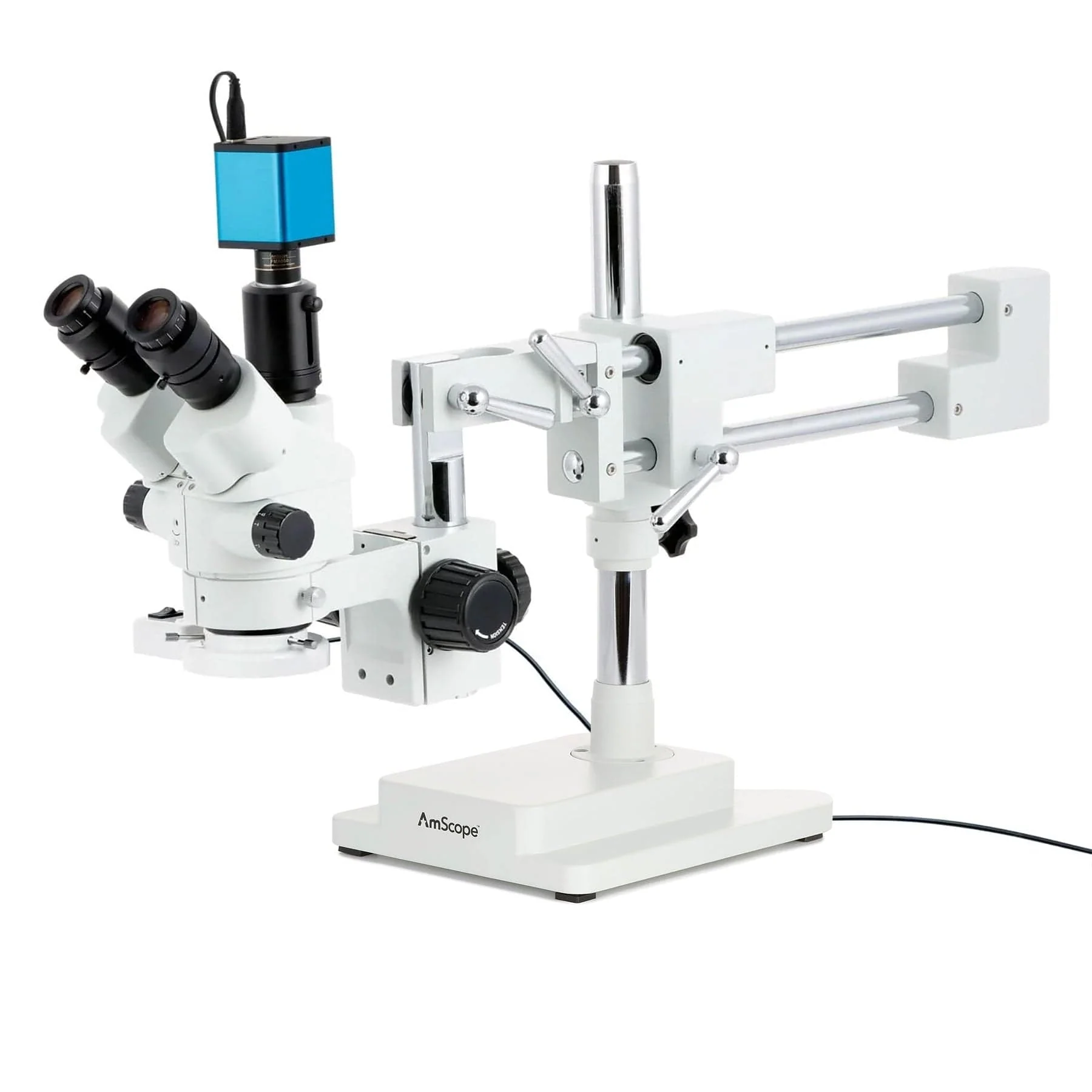 AmScope SM-4 Series Simul-Focal Lockable Zoom Trinocular Stereo Microscope with 8W Fluorescent Ring Light and Auto Focus Camera on Double Arm Boom Stand - Image 2