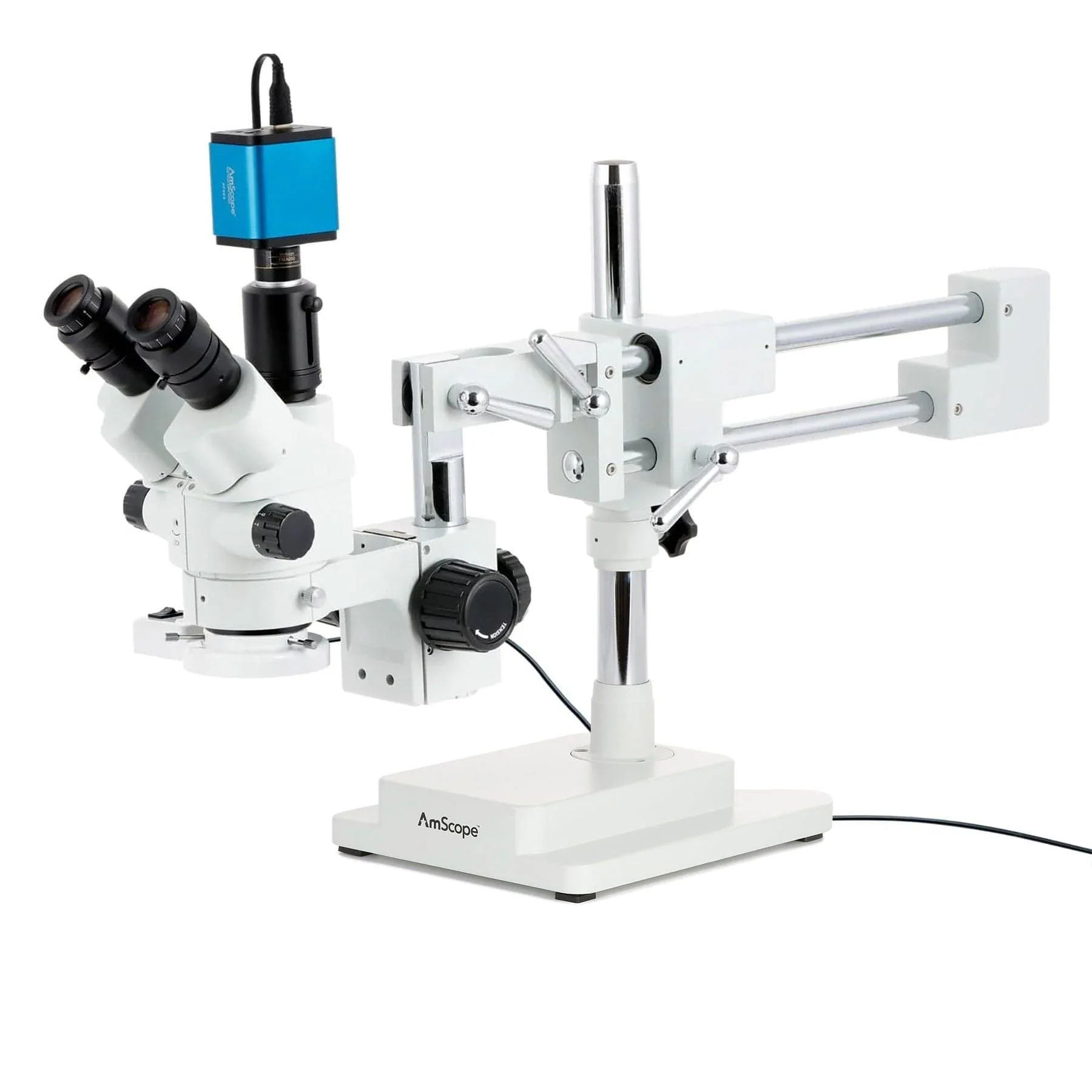 AmScope SM-4 Series Simul-Focal Lockable Zoom Trinocular Stereo Microscope with 8W Fluorescent Ring Light and Auto Focus Camera on Double Arm Boom Stand - Image 4
