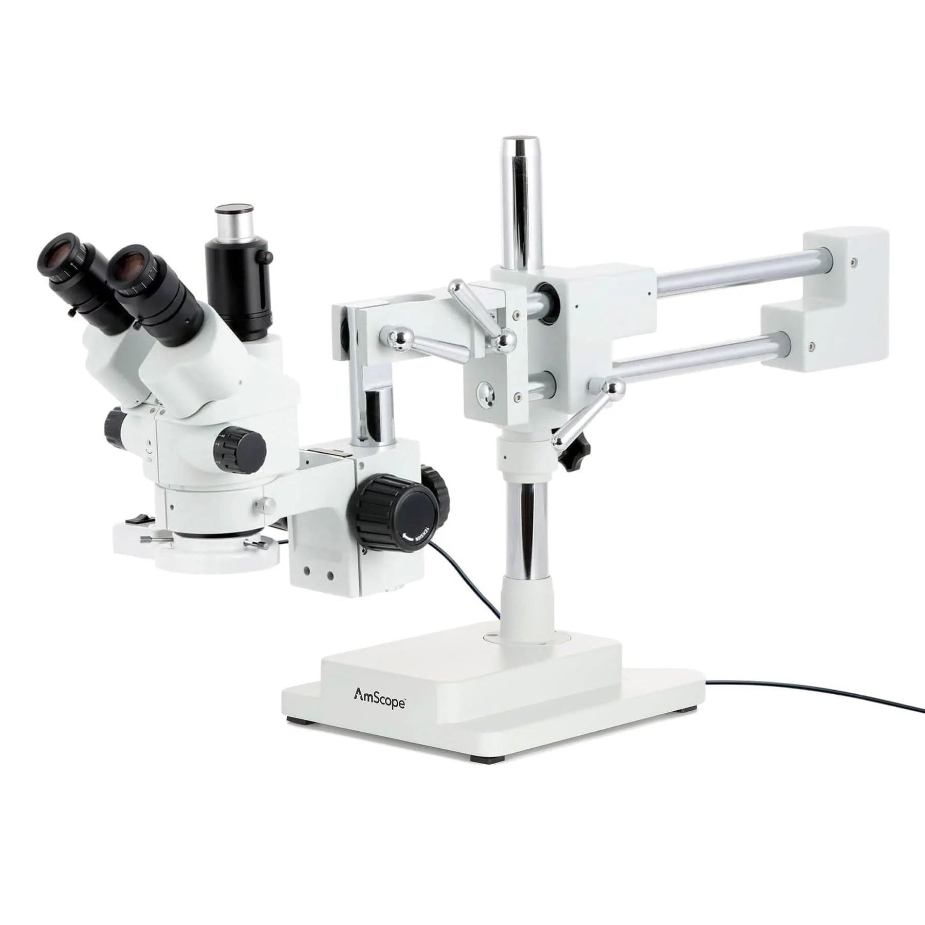 AmScope SM-4 Series Simul-Focal Lockable Zoom Trinocular Stereo Microscope with 8W Fluorescent Ring Light and HDMI Camera on Double Arm Boom Stand