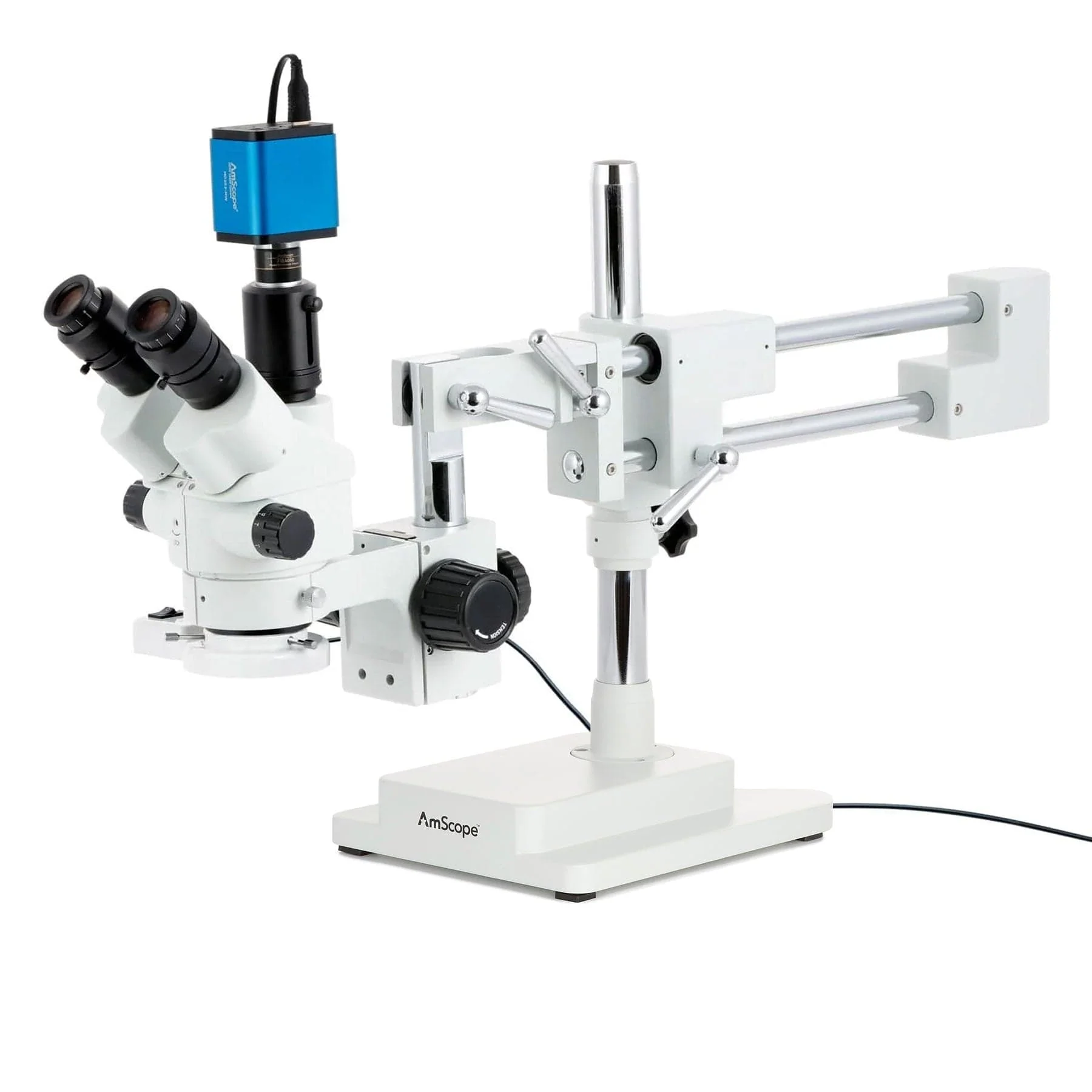 AmScope SM-4 Series Simul-Focal Lockable Zoom Trinocular Stereo Microscope with 8W Fluorescent Ring Light and HDMI Camera on Double Arm Boom Stand - Image 4