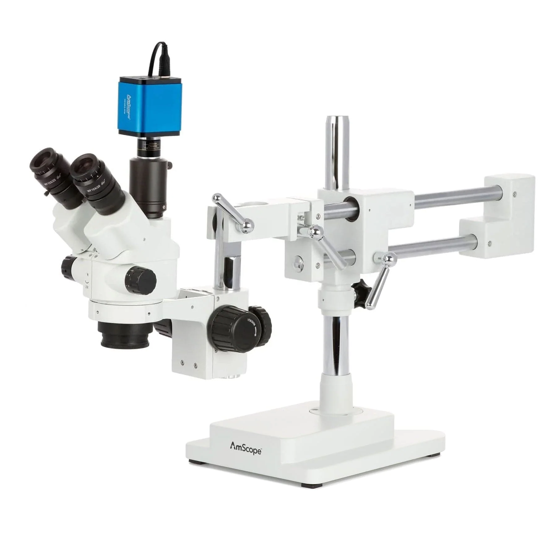 AmScope SM-4 Series Simul-Focal Lockable Zoom Trinocular Stereo Microscope with HDMI Camera on Double Arm Boom Stand - Image 4
