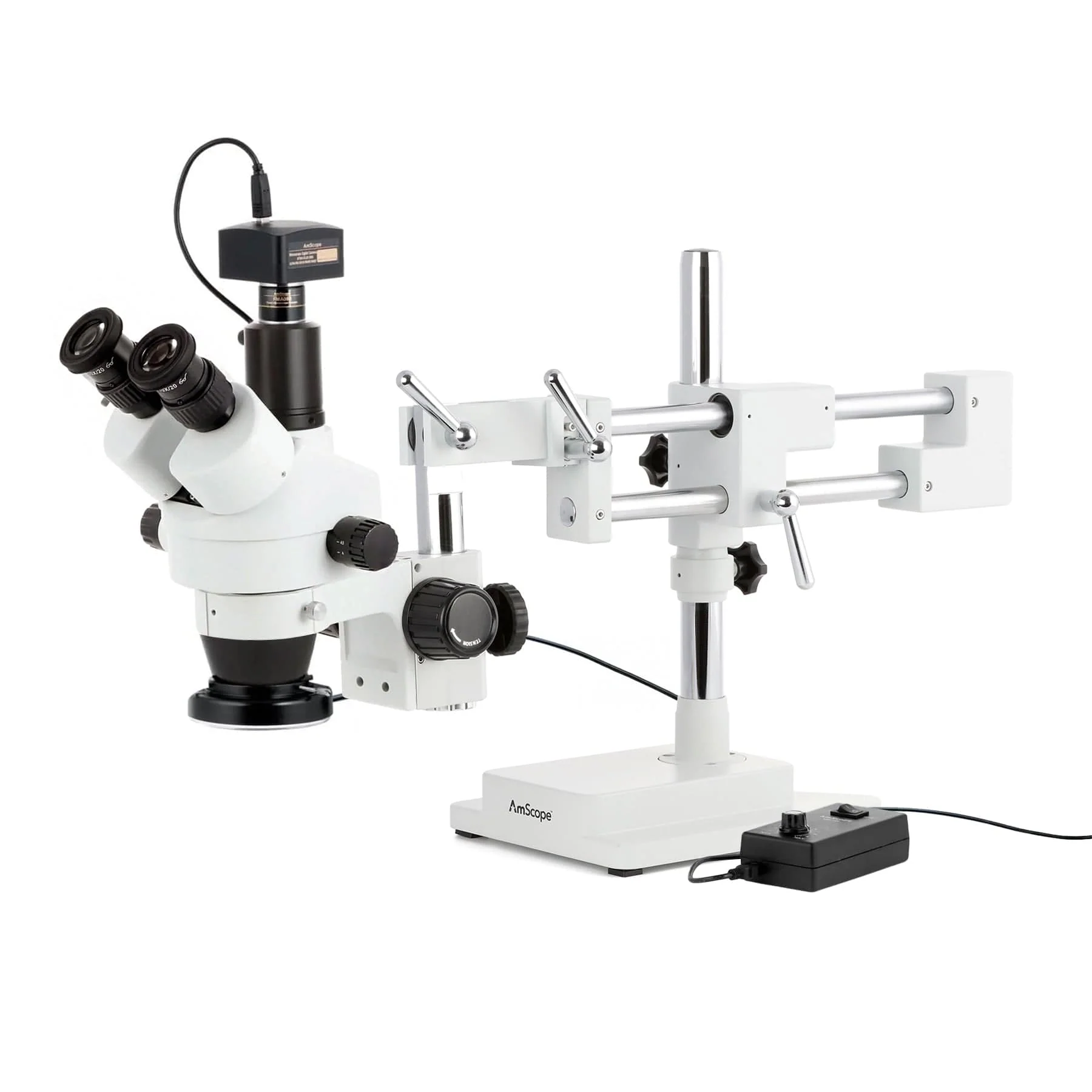 AmScope SM-4 Series Zoom Trinocular Stereo Microscope with 144 LED Ring Light and Optional Digital Camera on Double Arm Boom Stand - Image 3