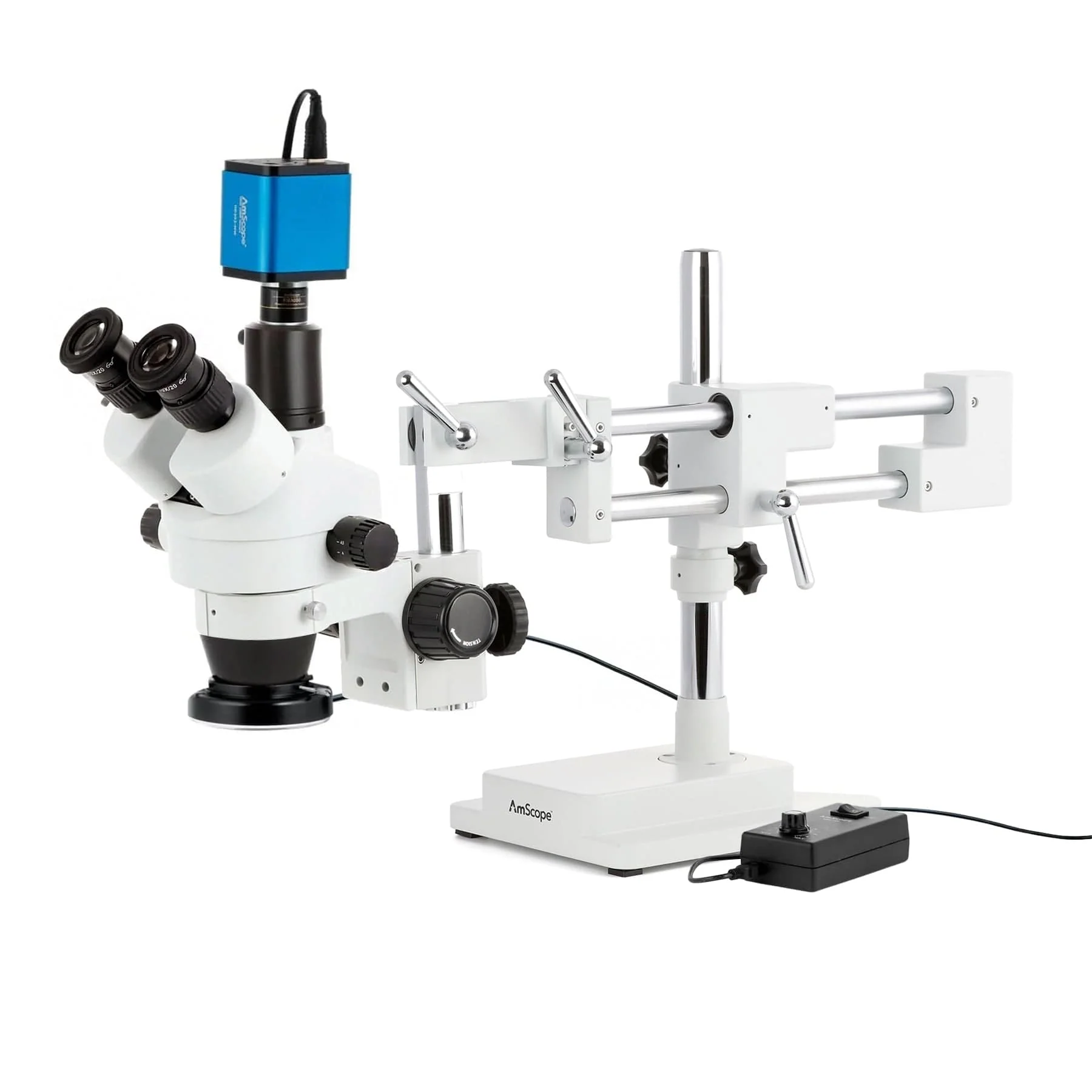 AmScope SM-4 Series Zoom Trinocular Stereo Microscope with 144 LED Ring Light and HDMI Camera on Double Arm Boom Stand - Image 3