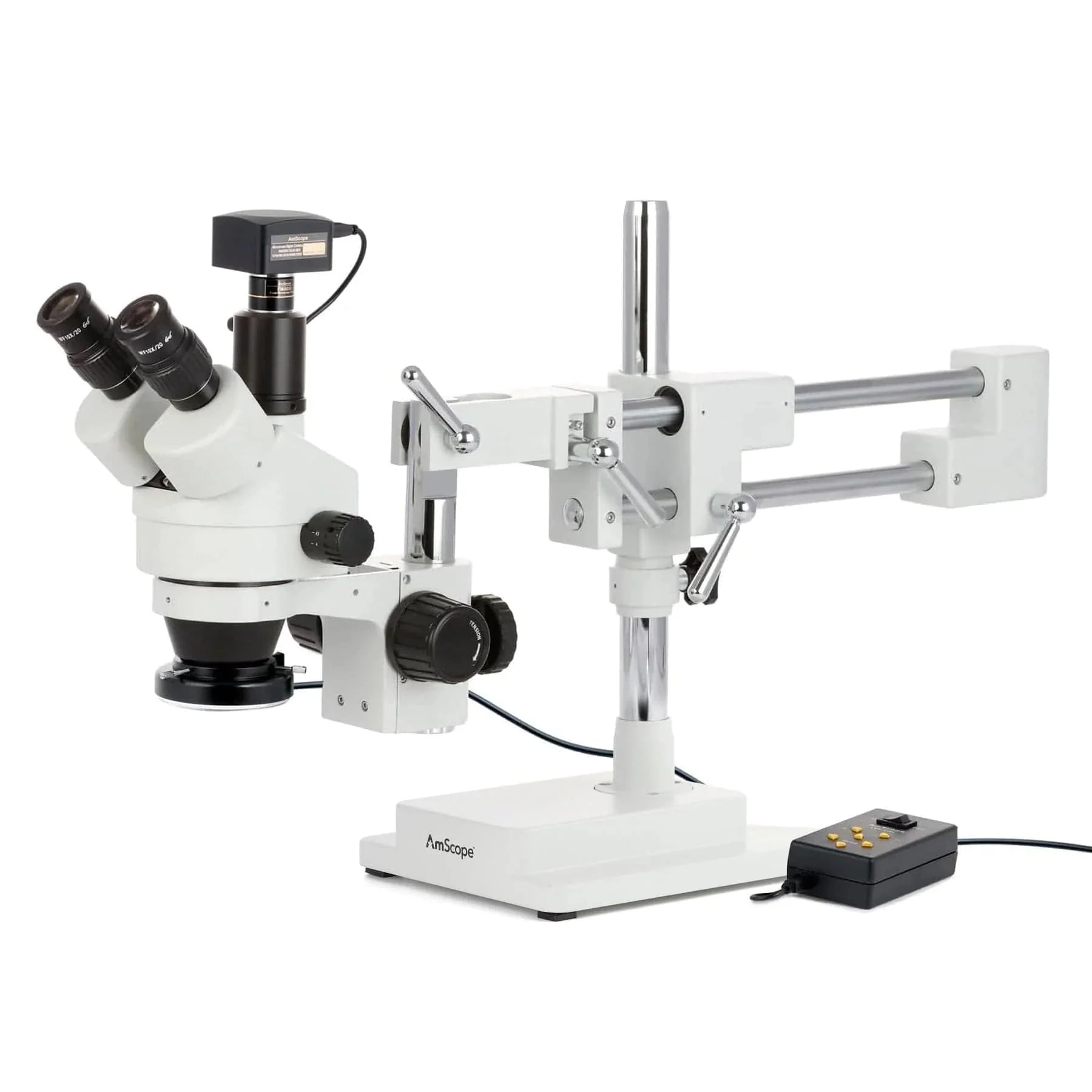 AmScope SM-4 Series Zoom Trinocular Stereo Microscope with Multi-Zone 144 LED and Optional Digital Camera on Double Arm Boom Stand - Image 2