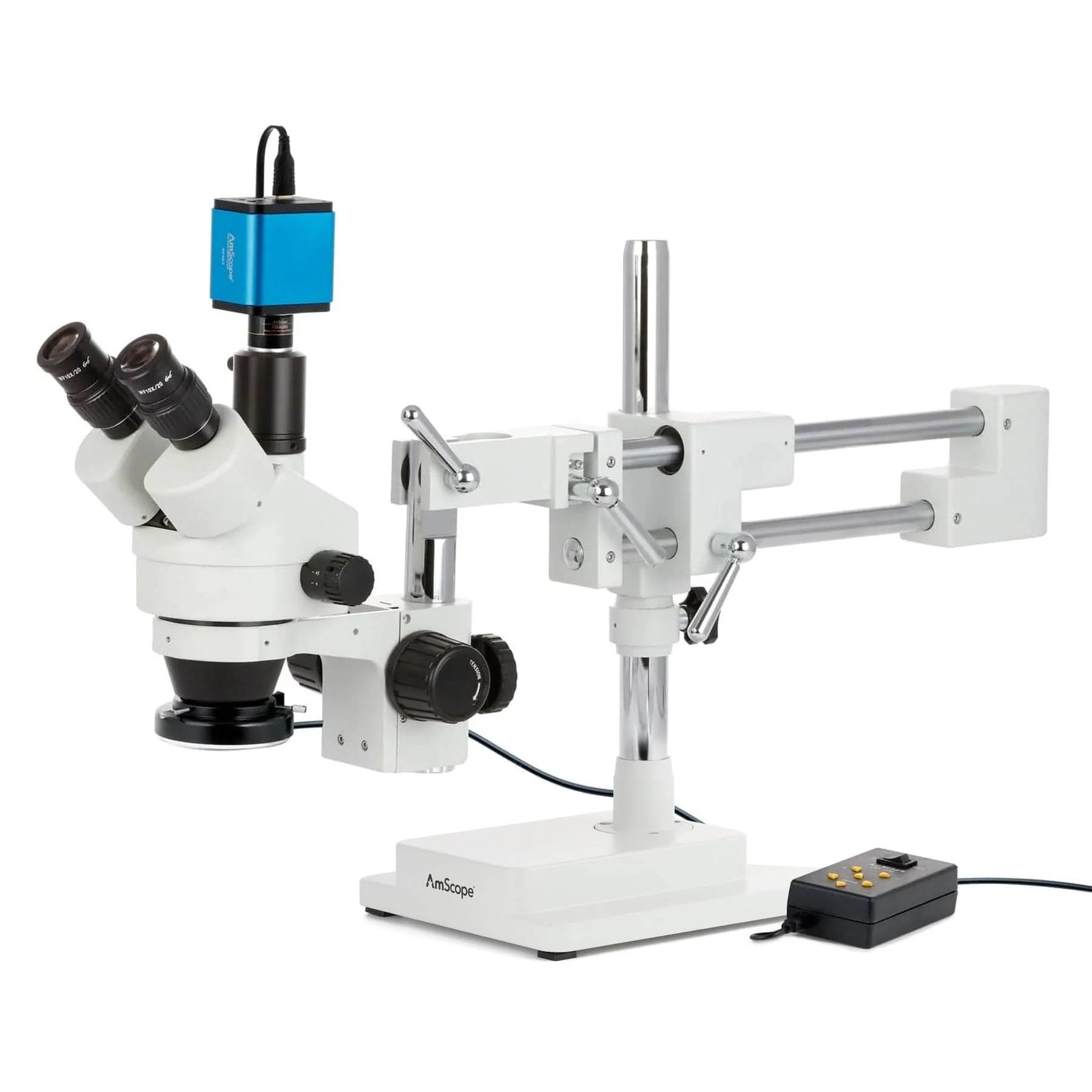AmScope SM-4T Series Trinocular Zoom Stereo Microscope w/Multi-Zone 144 LED and Auto Focus Camera on Double Arm Boom Stand - Image 2