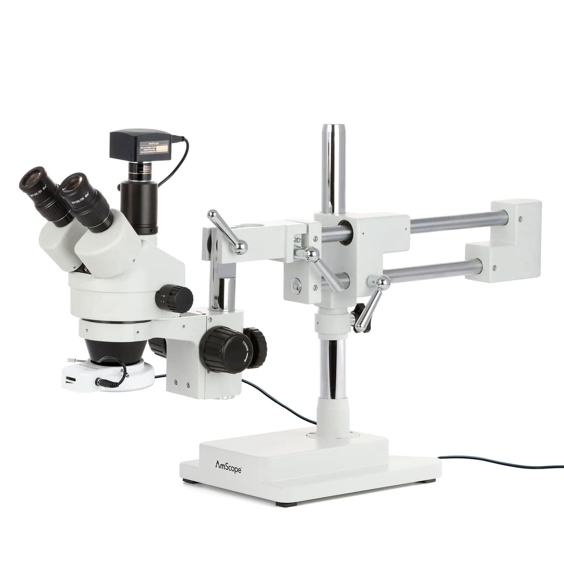 AmScope SM-4 Series Zoom Trinocular Stereo Microscope with 144 LED Compact Ring Light and Optional Digital Camera on Double Arm Boom Stand - Image 2