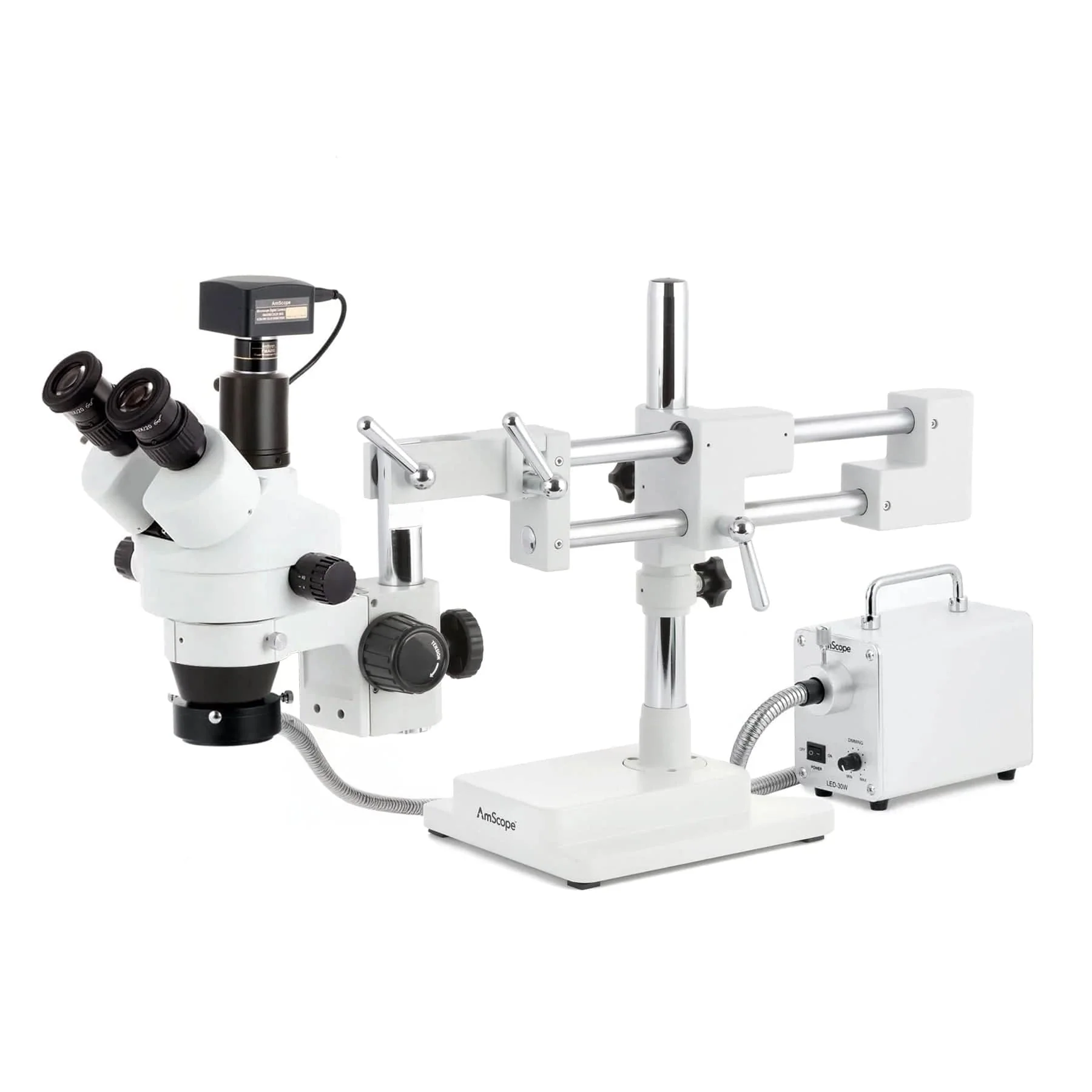 AmScope SM-4 Series Zoom Trinocular Stereo Microscope with 30W LED Fiber Optic Ring Light and Optional Digital Camera on Double Arm Boom Stand - Image 2