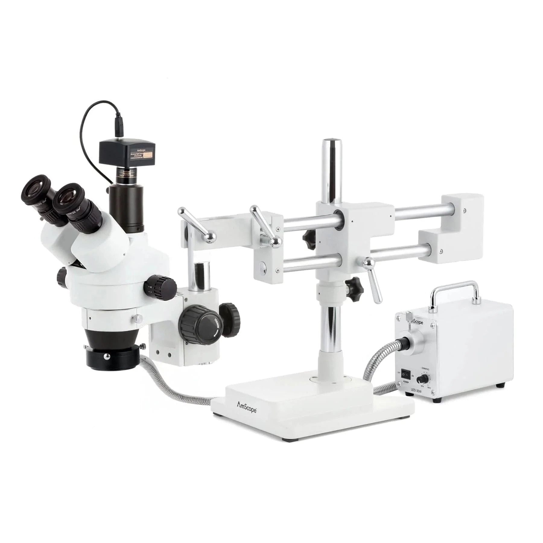 AmScope SM-4 Series Zoom Trinocular Stereo Microscope with 30W LED Fiber Optic Ring Light and Optional Digital Camera on Double Arm Boom Stand - Image 3