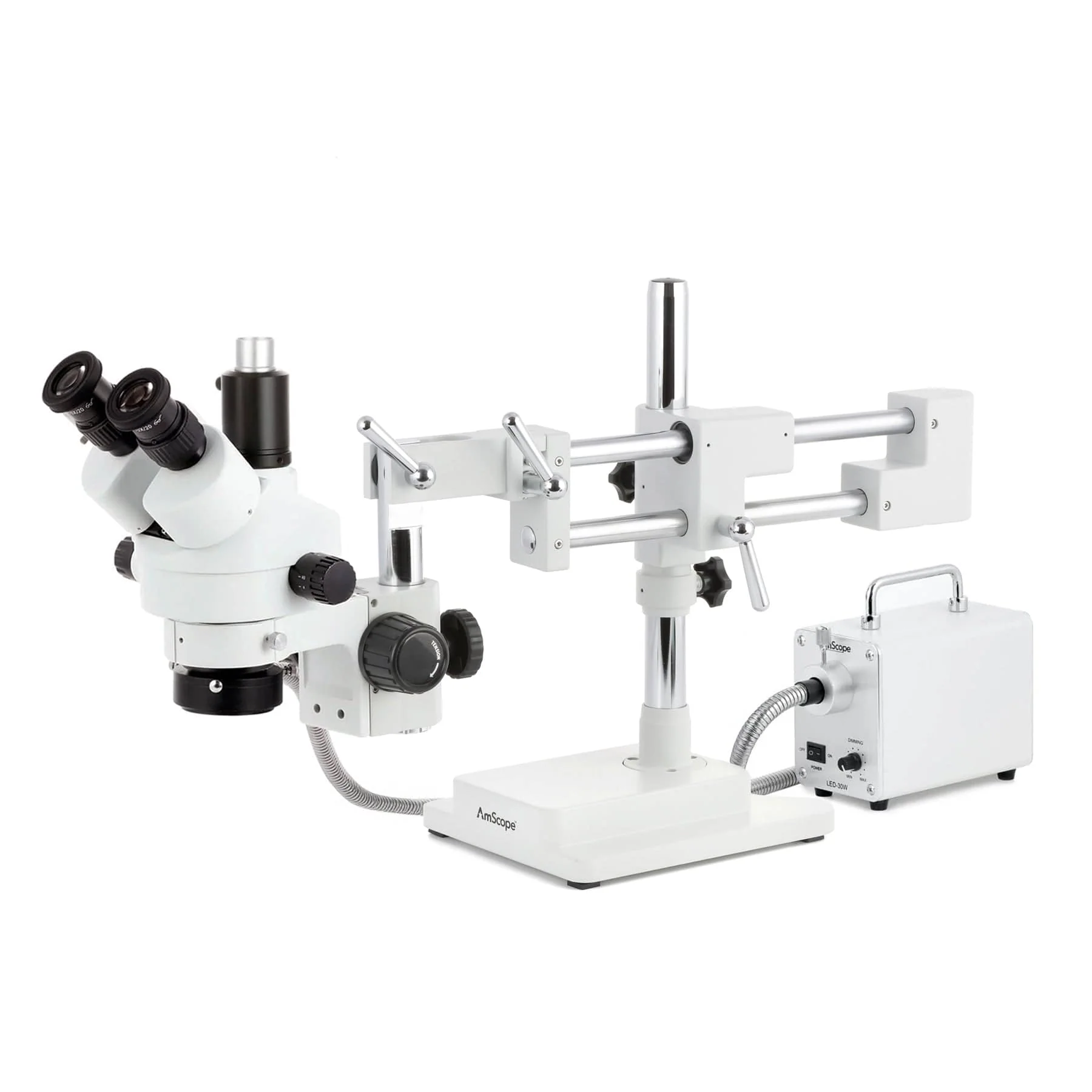 AmScope SM-4 Series Zoom Trinocular Stereo Microscope with 30W LED Fiber Optic Ring Light and Auto Focus Camera on Double Arm Boom Stand