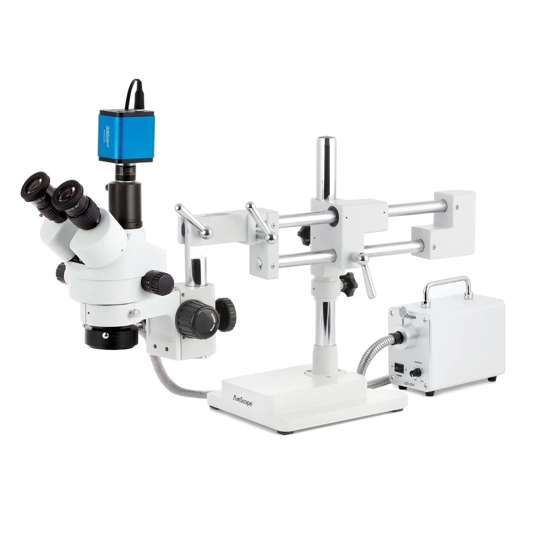 AmScope SM-4 Series Zoom Trinocular Stereo Microscope with 30W LED Fiber Optic Ring Light and Auto Focus Camera on Double Arm Boom Stand - Image 2