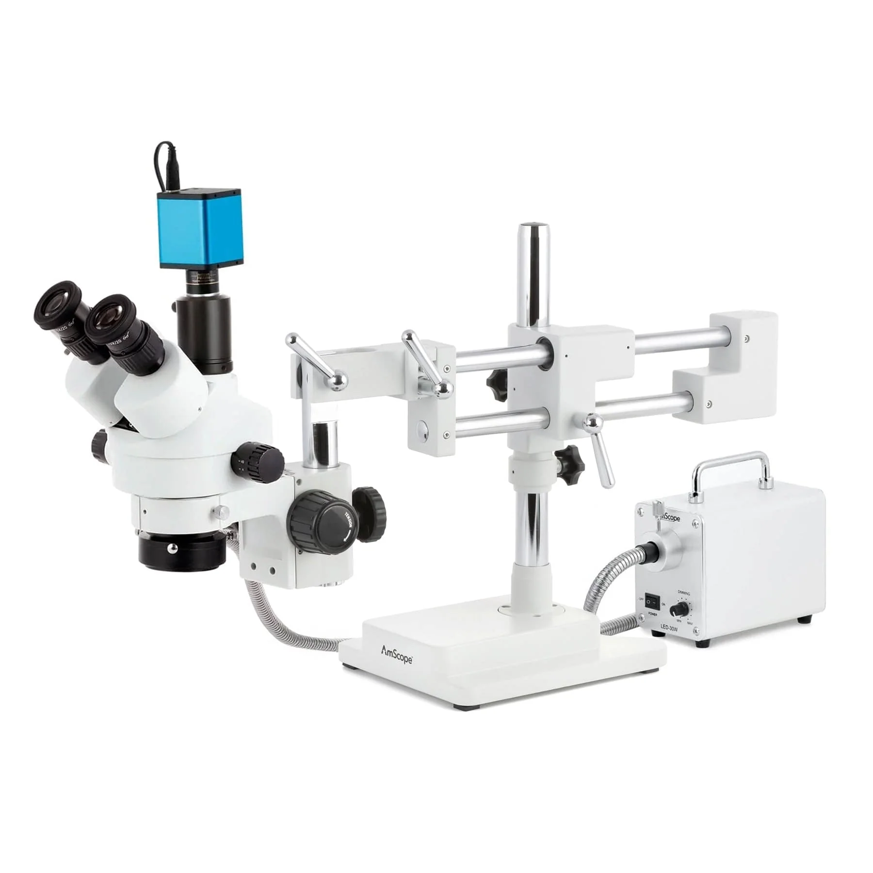 AmScope SM-4 Series Zoom Trinocular Stereo Microscope with 30W LED Fiber Optic Ring Light and Auto Focus Camera on Double Arm Boom Stand - Image 3