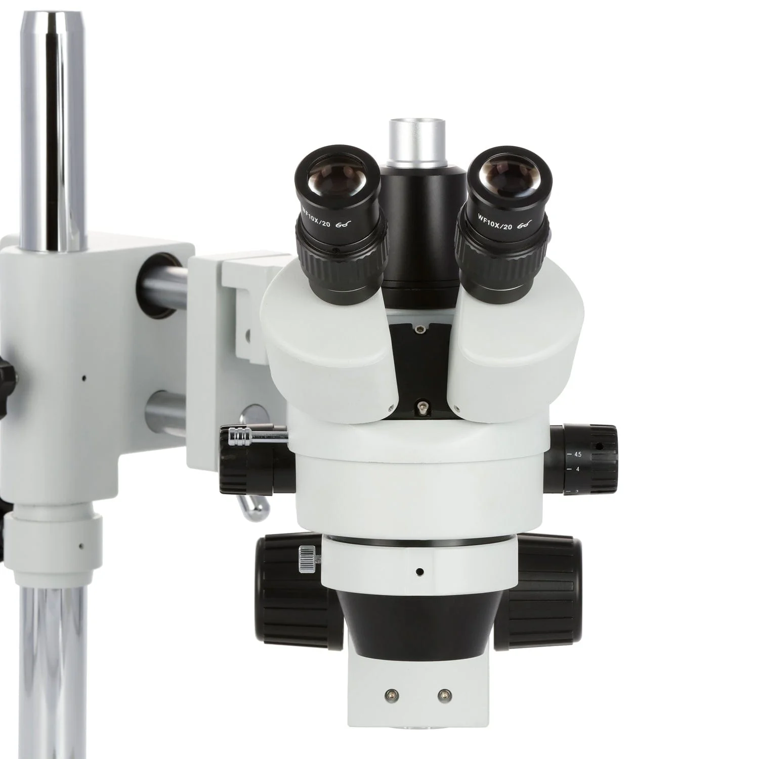 AmScope SM-4 Series Zoom Trinocular Stereo Microscope with 30W LED Fiber Optic Ring Light and Auto Focus Camera on Double Arm Boom Stand - Image 9