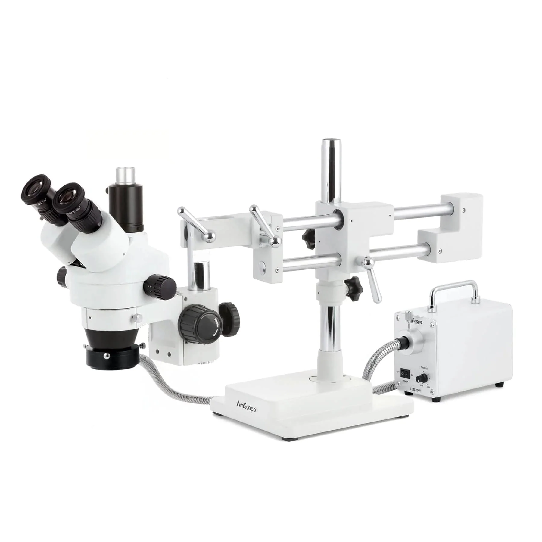 AmScope SM-4 Series Zoom Trinocular Stereo Microscope with 30W LED Fiber Optic Ring Light and HDMI Camera on Double Arm Boom Stand
