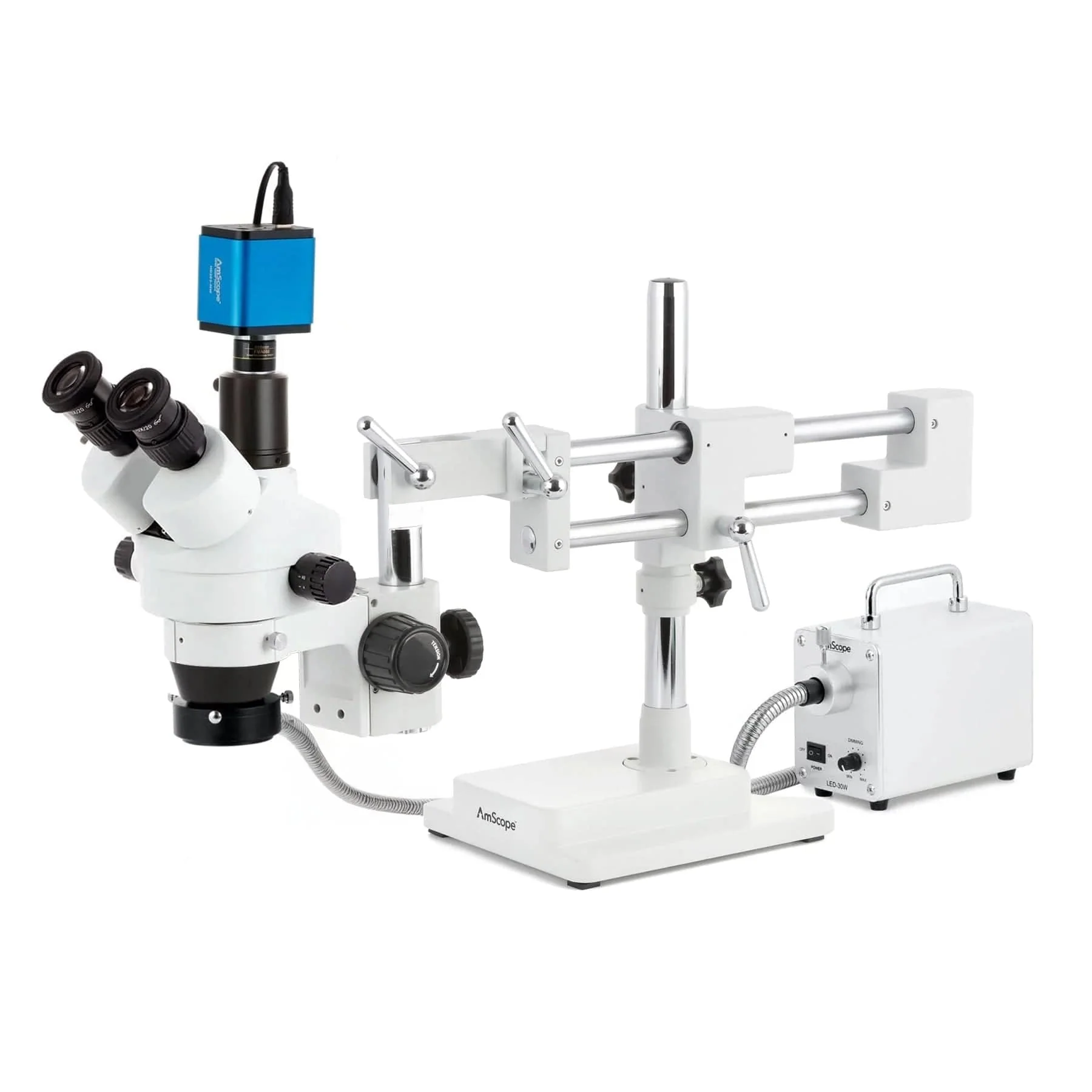 AmScope SM-4 Series Zoom Trinocular Stereo Microscope with 30W LED Fiber Optic Ring Light and HDMI Camera on Double Arm Boom Stand - Image 2