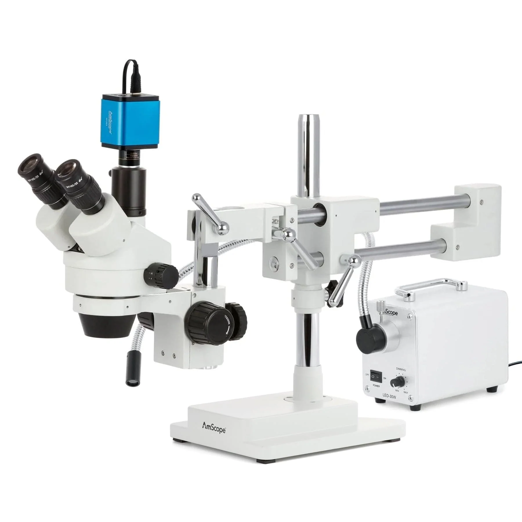 AmScope SM-4 Series Zoom Trinocular Stereo Microscope with 30W LED Single Fiber Optic Gooseneck Light and Auto Focus Camera on Double Arm Boom Stand - Image 2