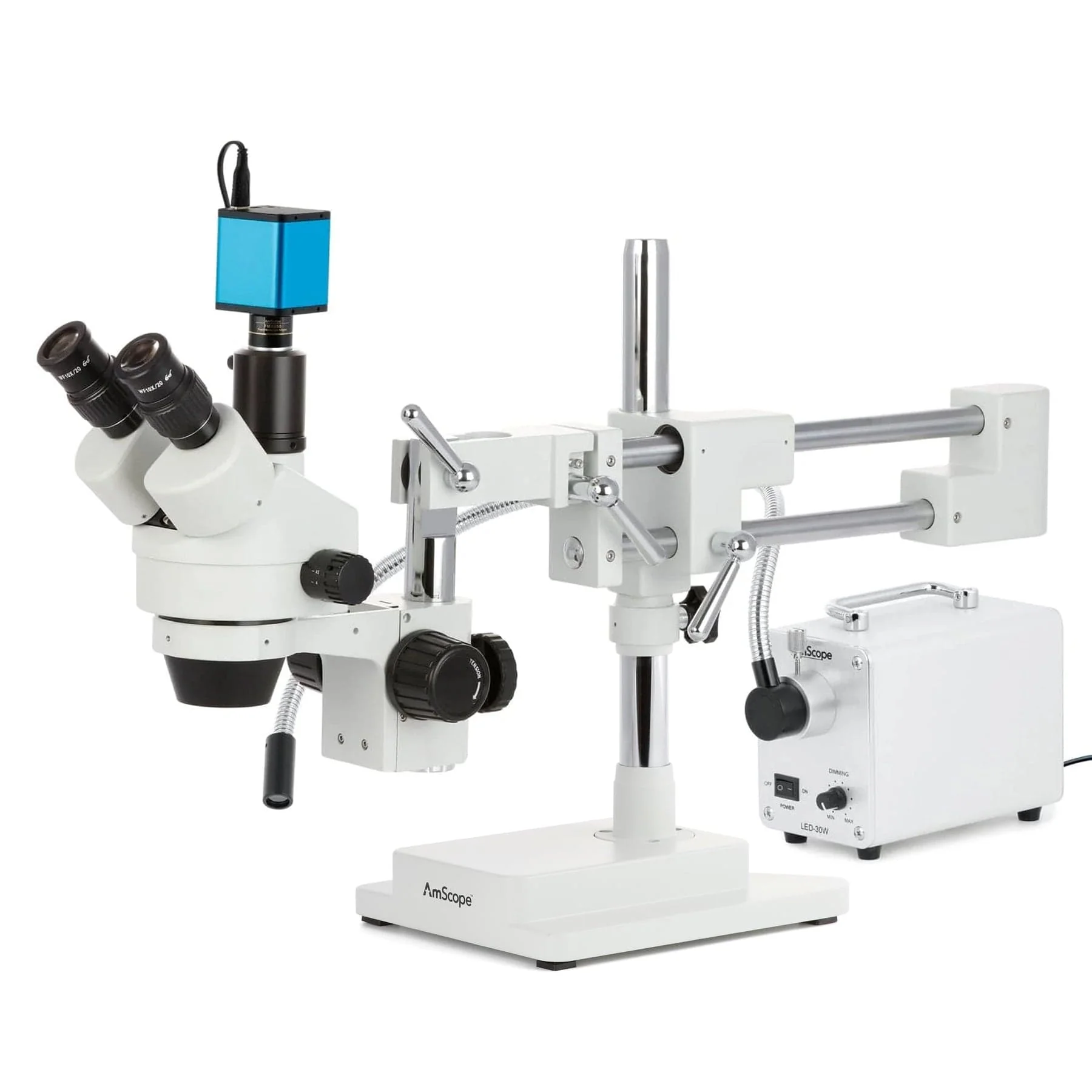 AmScope SM-4 Series Zoom Trinocular Stereo Microscope with 30W LED Single Fiber Optic Gooseneck Light and Auto Focus Camera on Double Arm Boom Stand - Image 3