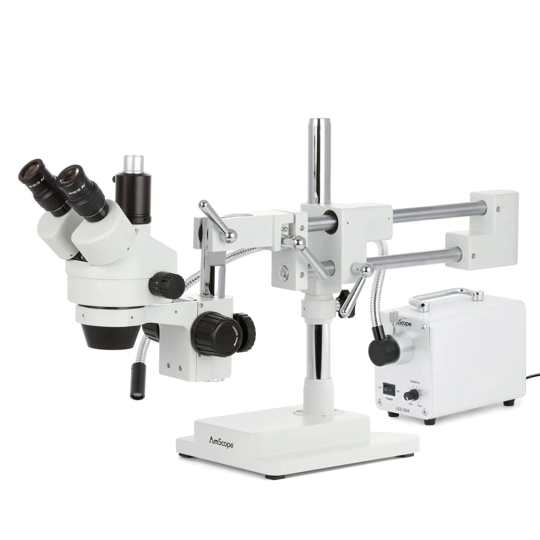 AmScope SM-4 Series Zoom Trinocular Stereo Microscope with 30W LED Single Fiber Optic Gooseneck Light and HDMI Camera on Double Arm Boom Stand