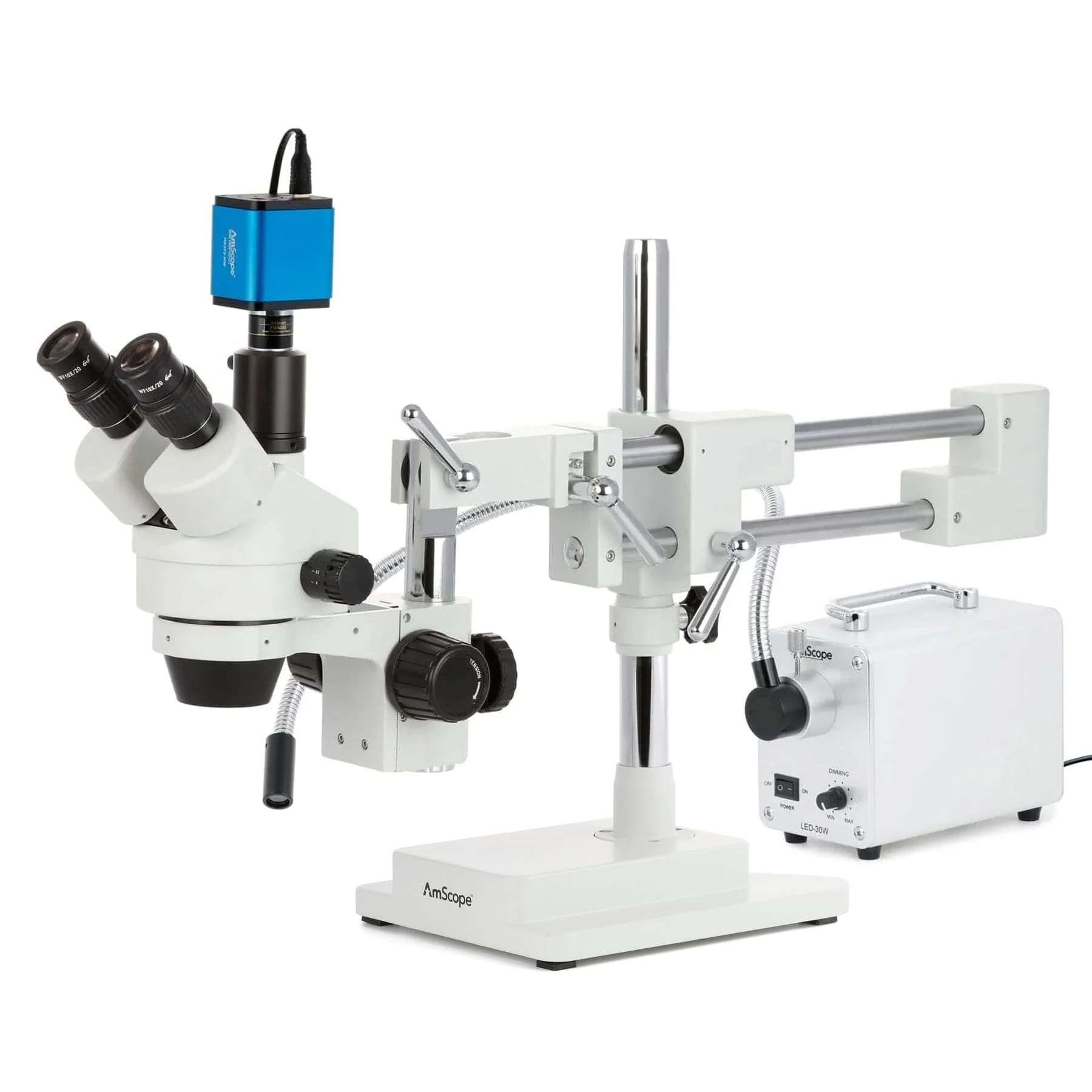 AmScope SM-4 Series Zoom Trinocular Stereo Microscope with 30W LED Single Fiber Optic Gooseneck Light and HDMI Camera on Double Arm Boom Stand - Image 3