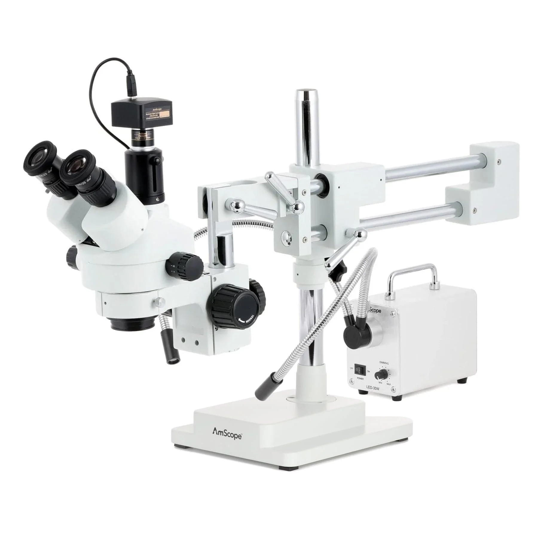 AmScope SM-4 Series Zoom Trinocular Stereo Microscope with 30W LED Dual Gooseneck Fiber Optic Lights and Optional Digital Camera on Double Arm Boom Stand - Image 2