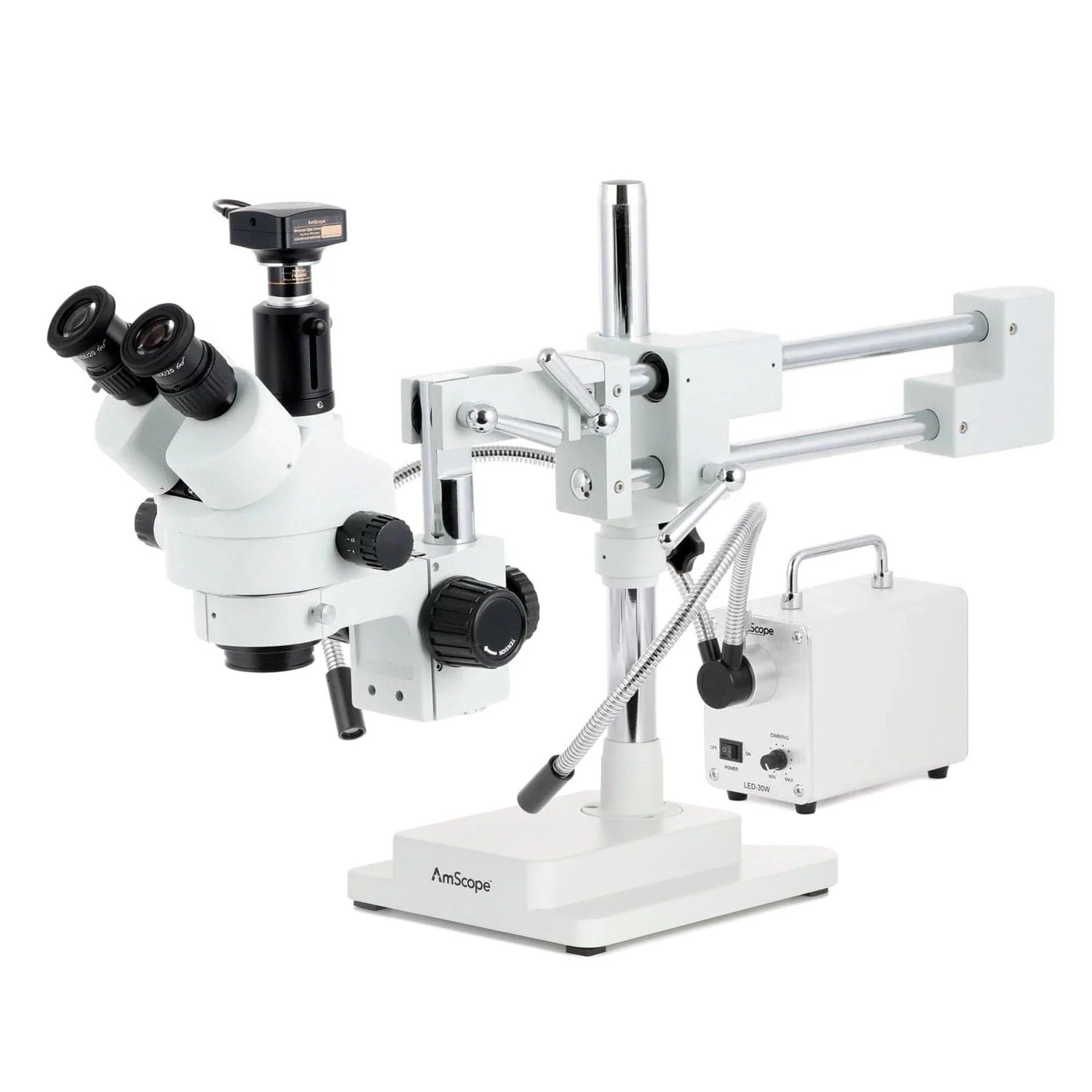 AmScope SM-4 Series Zoom Trinocular Stereo Microscope with 30W LED Dual Gooseneck Fiber Optic Lights and Optional Digital Camera on Double Arm Boom Stand - Image 4