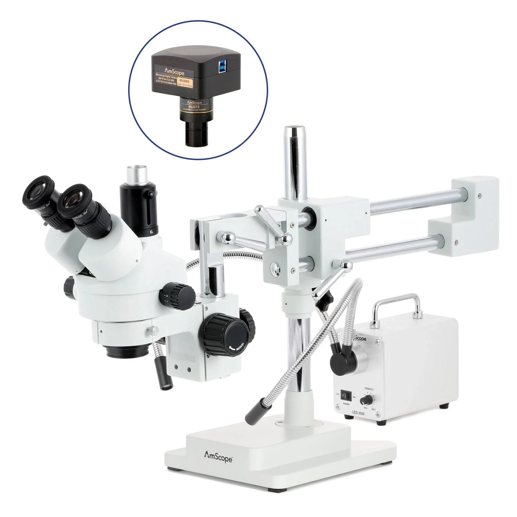 AmScope SM-4 Series Zoom Trinocular Stereo Microscope with 30W LED Dual Gooseneck Fiber Optic Lights and Optional Digital Camera on Double Arm Boom Stand - Image 6