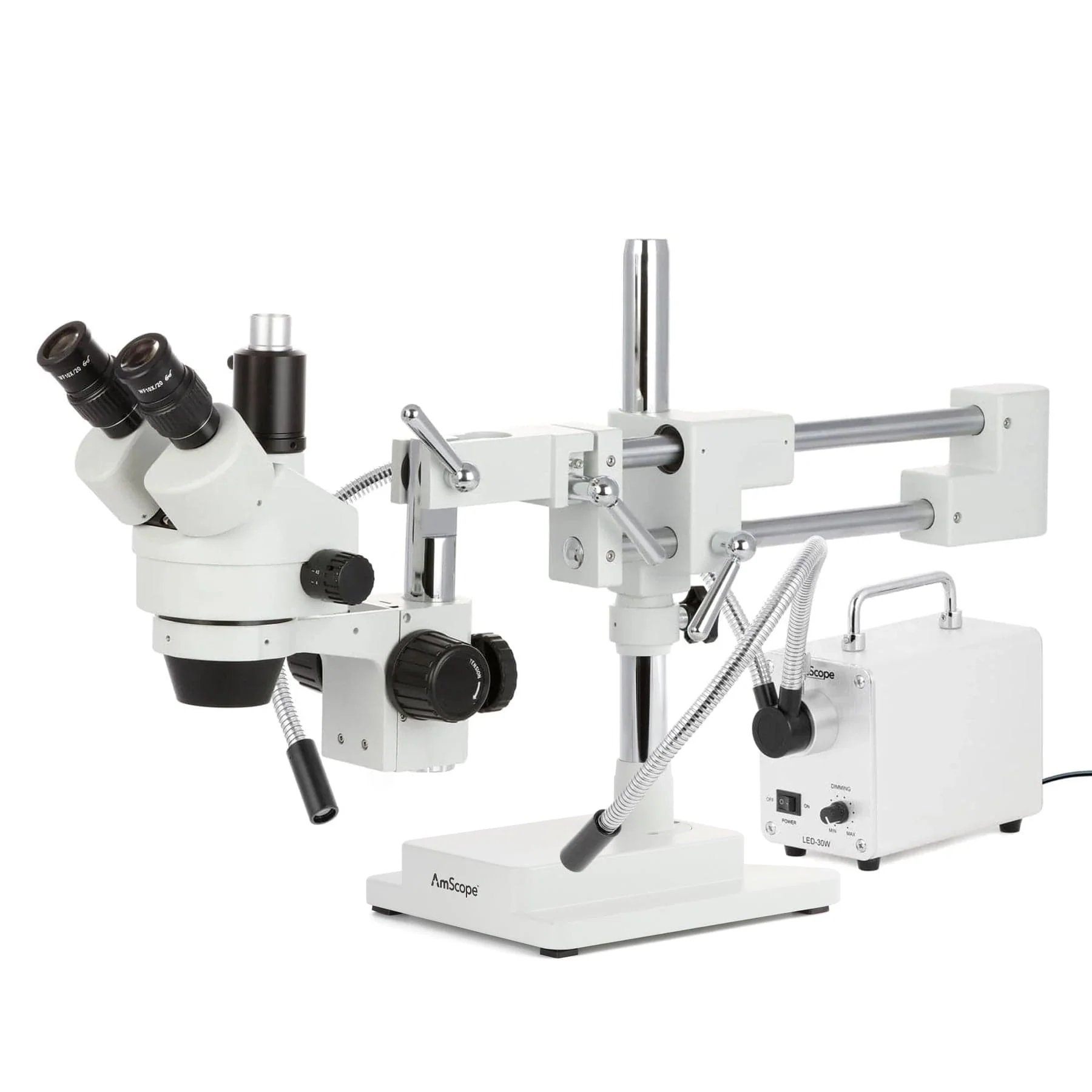 AmScope SM-4 Series Zoom Trinocular Stereo Microscope with 30W LED Dual Gooseneck Fiber Optic Lights and HDMI Camera on Double Arm Boom Stand