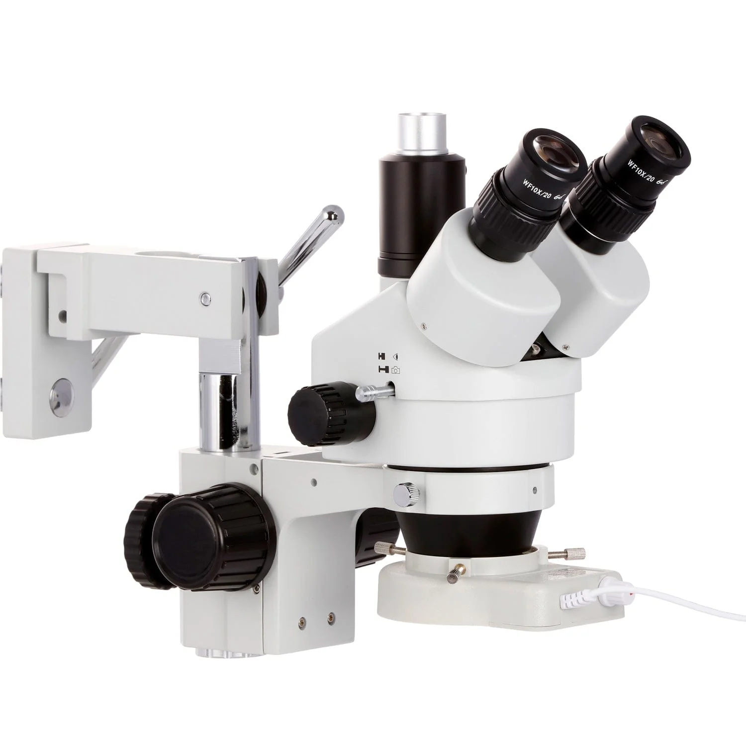 AmScope SM-4T Series Trinocular Zoom Stereo Microscope 7X-45X Magnification on Double Arm Boom Stand with 70-LED Ring Light - Image 2