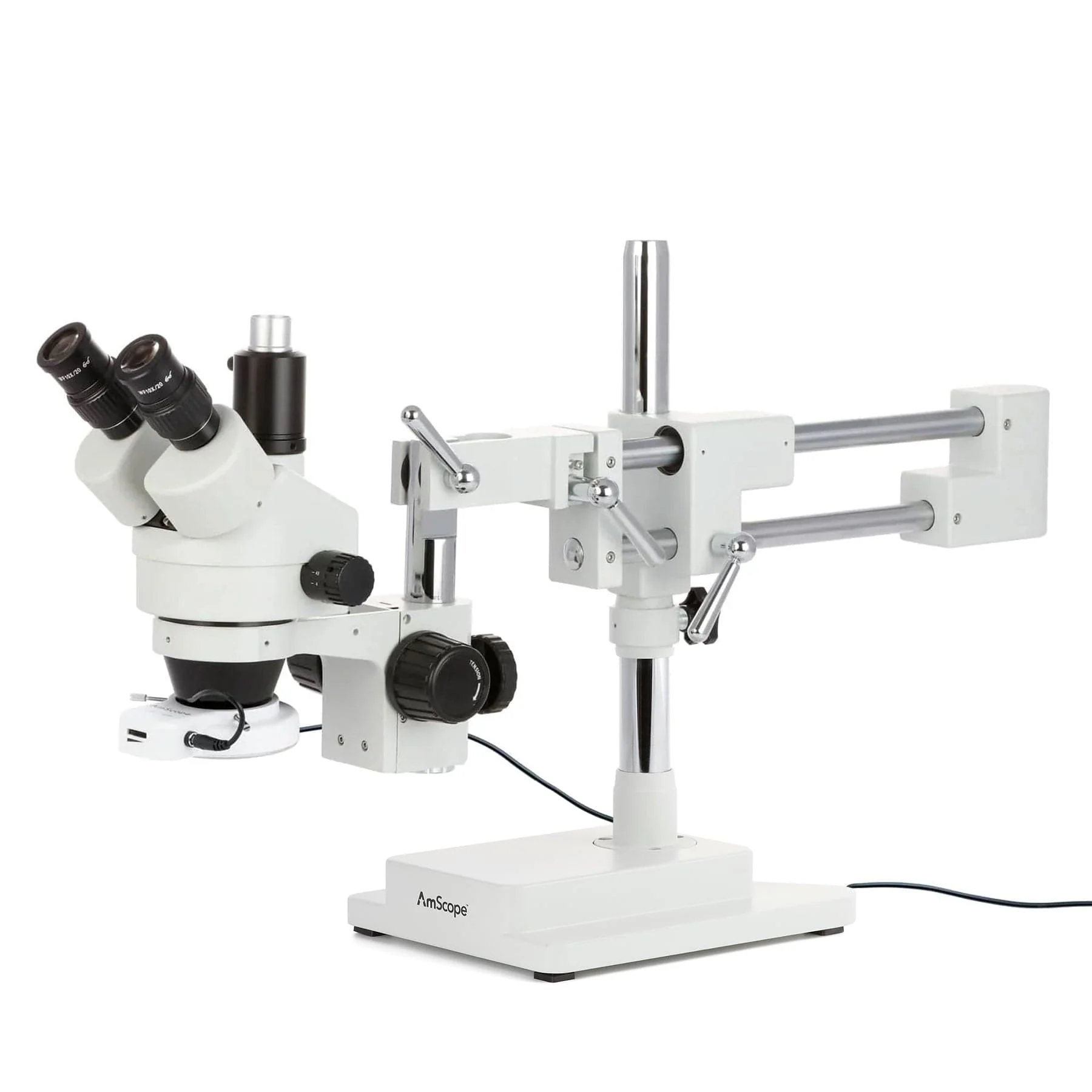 AmScope SM-4 Series Zoom Trinocular Stereo Microscope with 64 LED Compact Ring Light and Auto Focus Camera on Double Arm Boom Stand