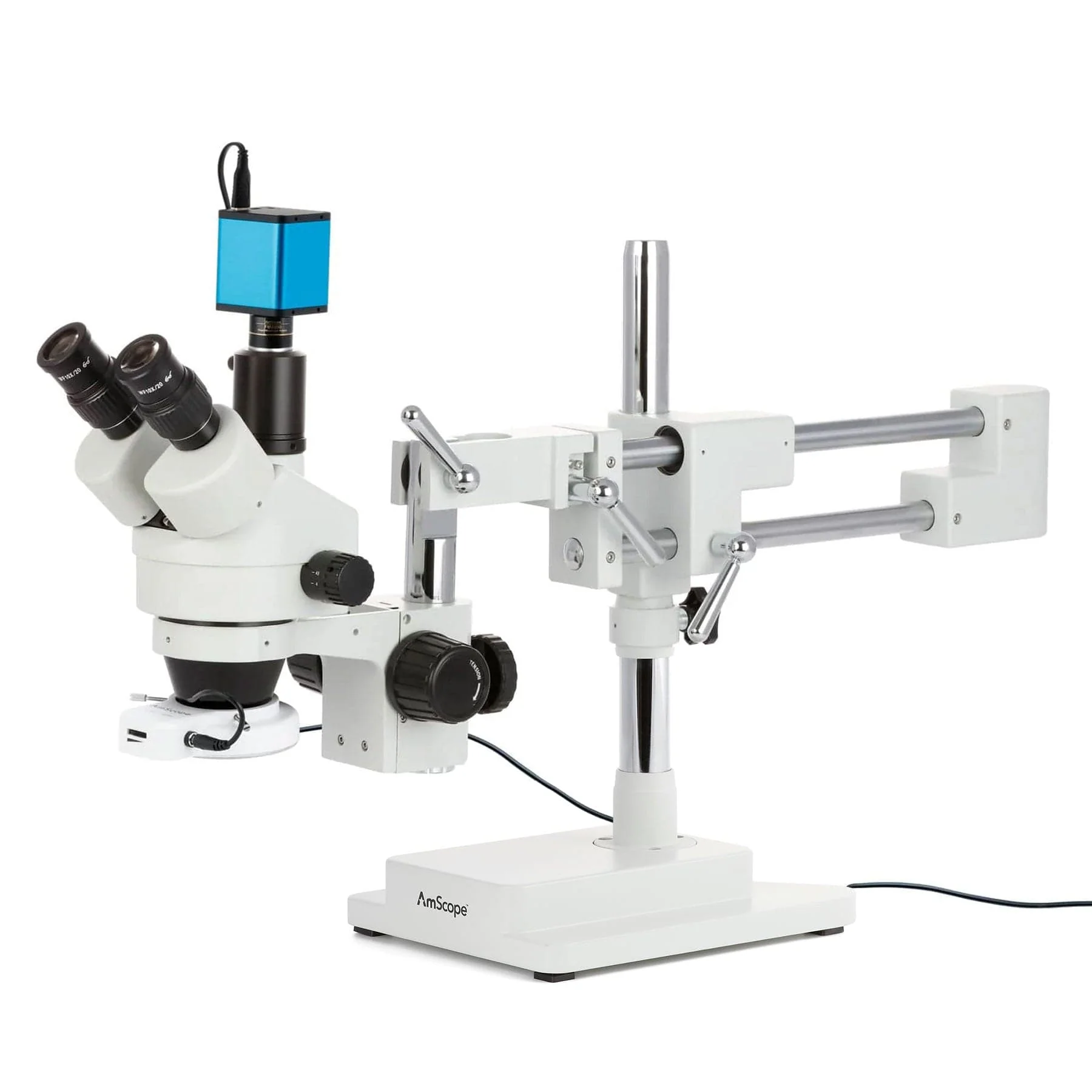 AmScope SM-4 Series Zoom Trinocular Stereo Microscope with 64 LED Compact Ring Light and Auto Focus Camera on Double Arm Boom Stand - Image 3