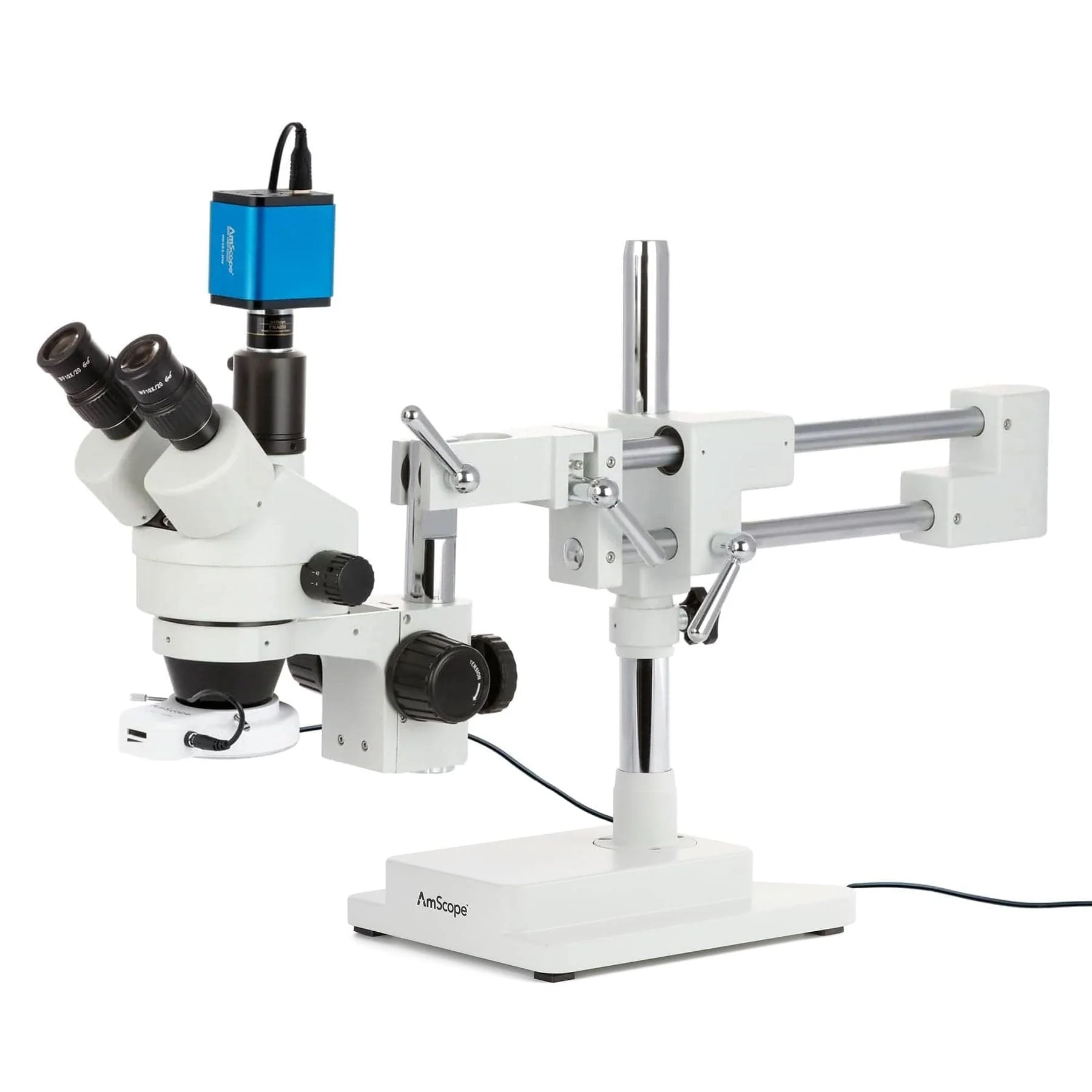 AmScope SM-4 Series Zoom Trinocular Stereo Microscope with 64 LED Compact Ring Light and HDMI Camera on Double Arm Boom Stand - Image 2