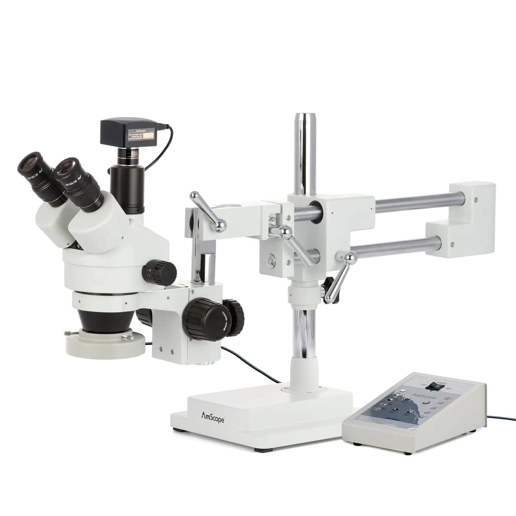 AmScope SM-4 Series Zoom Trinocular Stereo Microscope with 80 LED Direction Variable Ring Light and Optional Digital Camera on Double Arm Boom Stand - Image 4