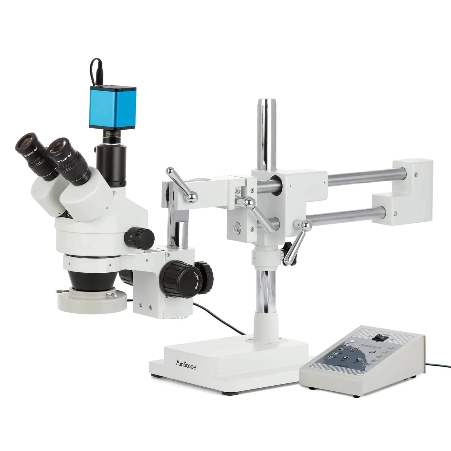 AmScope SM-4 Series Zoom Trinocular Stereo Microscope with 80 LED Direction Variable Ring Light and Auto Focus Camera on Double Arm Boom Stand - Image 3