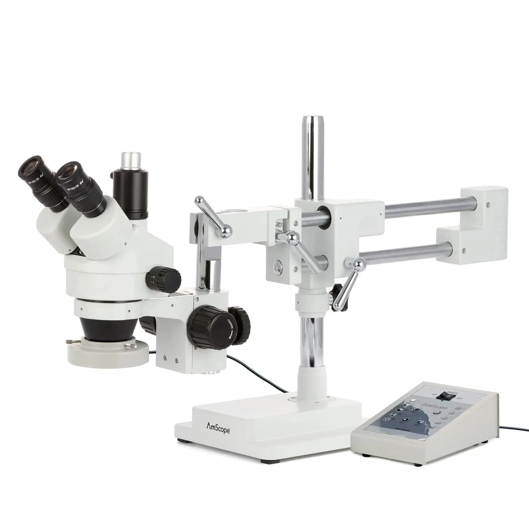AmScope SM-4 Series Zoom Trinocular Stereo Microscope with 80 LED Direction Variable Ring Light and HDMI Camera on Double Arm Boom Stand