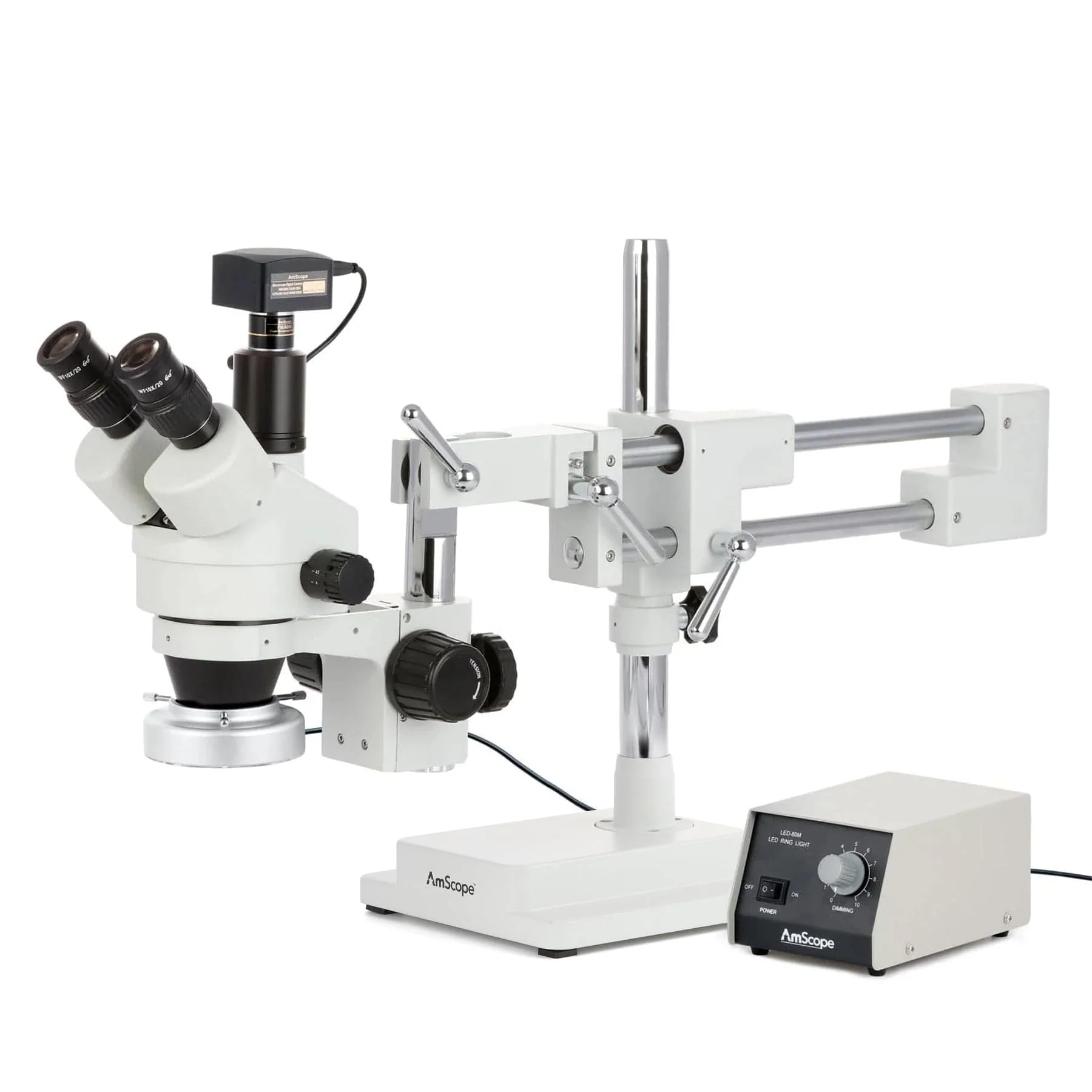 AmScope SM-4 Series Zoom Trinocular Stereo Microscope with Heavy Duty 80 LED Ring Light and Optional Digital Camera on Double Arm Boom Stand - Image 2
