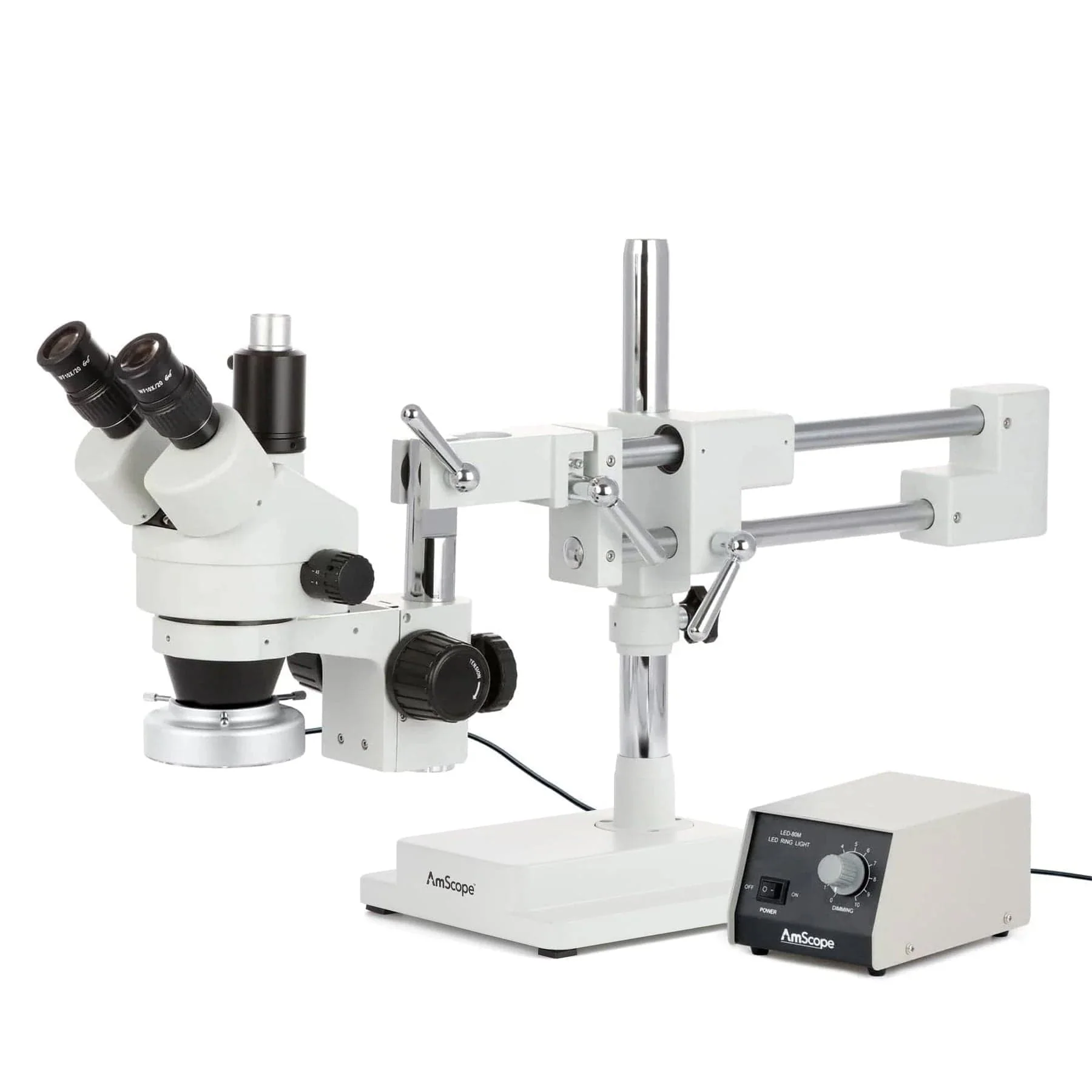 AmScope SM-4 Series Zoom Trinocular Stereo Microscope with Heavy Duty 80 LED Ring Light and Auto Focus Camera on Double Arm Boom Stand
