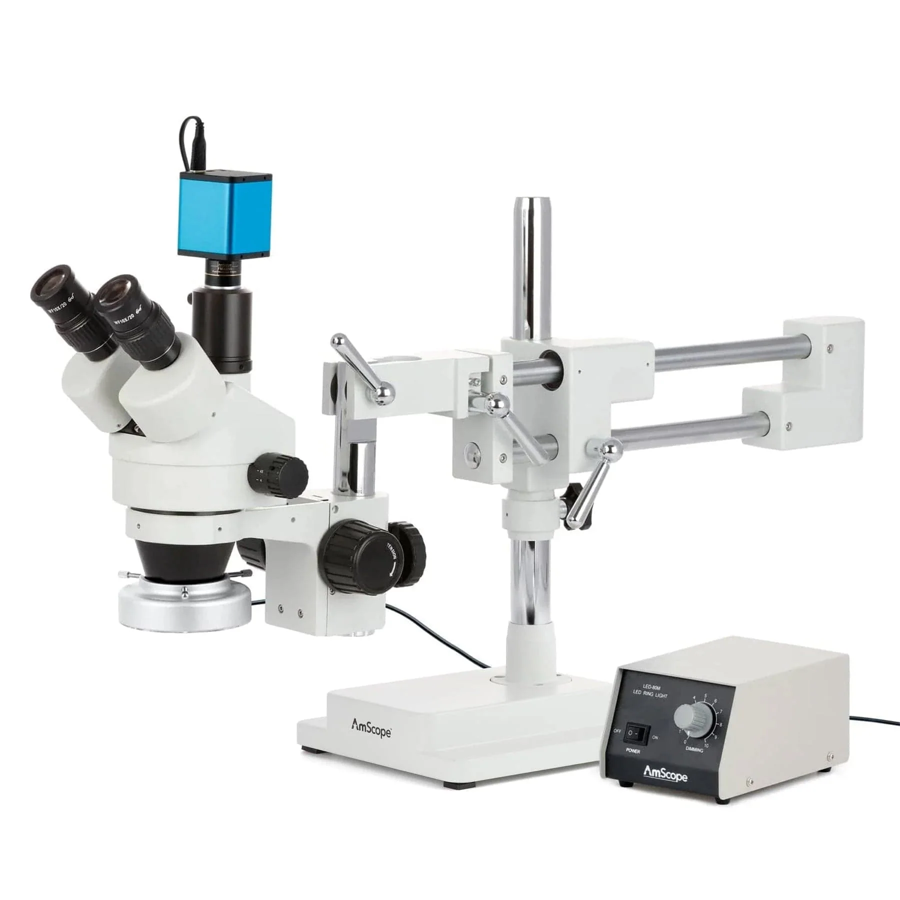 AmScope SM-4 Series Zoom Trinocular Stereo Microscope with Heavy Duty 80 LED Ring Light and Auto Focus Camera on Double Arm Boom Stand - Image 2