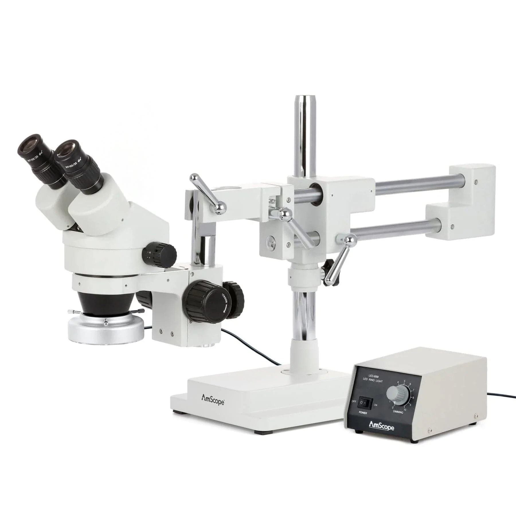 AmScope SM-4 Series Zoom Trinocular Stereo Microscope with Heavy Duty 80 LED Ring Light and HDMI Camera on Double Arm Boom Stand