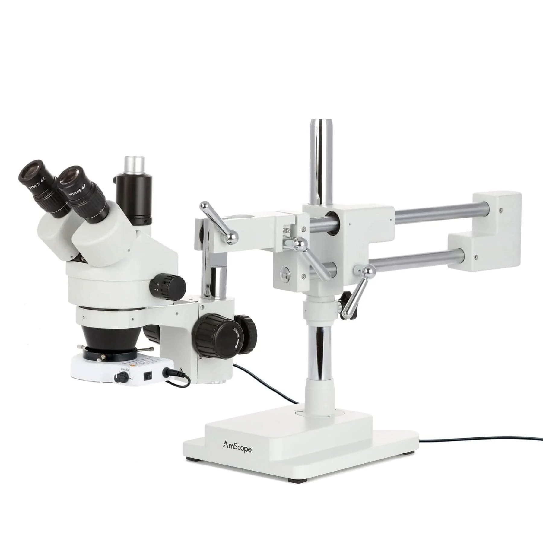 AmScope SM-4 Series Zoom Trinocular Stereo Microscope with 80 LED Compact Ring Light and Auto Focus Camera on Double Arm Boom Stand