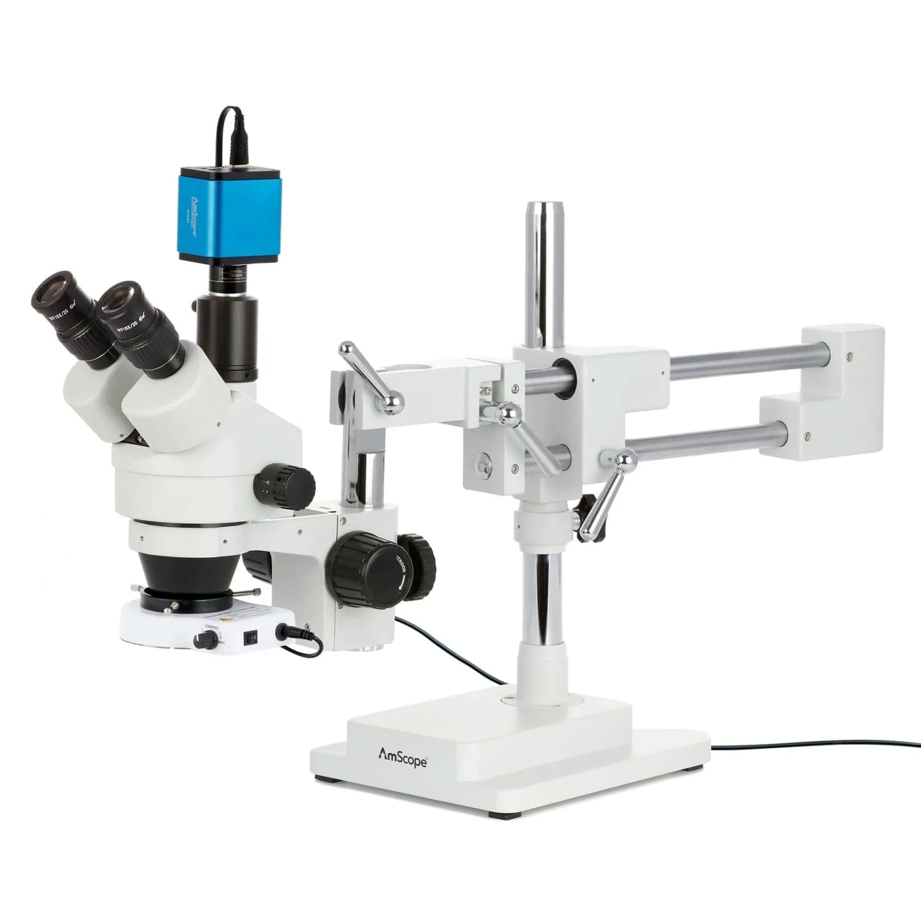 AmScope SM-4 Series Zoom Trinocular Stereo Microscope with 80 LED Compact Ring Light and Auto Focus Camera on Double Arm Boom Stand - Image 2