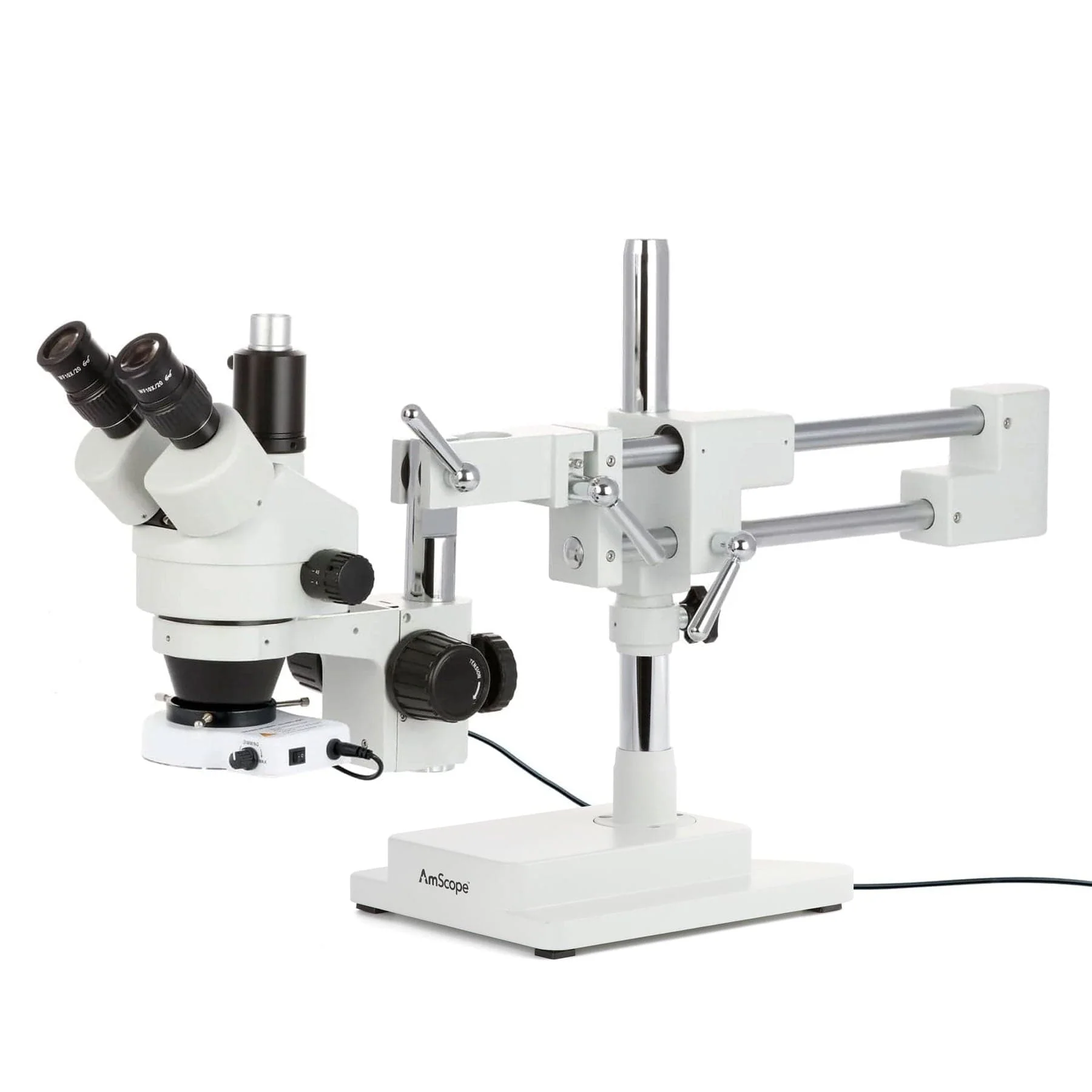AmScope SM-4 Series Zoom Trinocular Stereo Microscope with 80 LED Compact Ring Light and HDMI Camera on Double Arm Boom Stand
