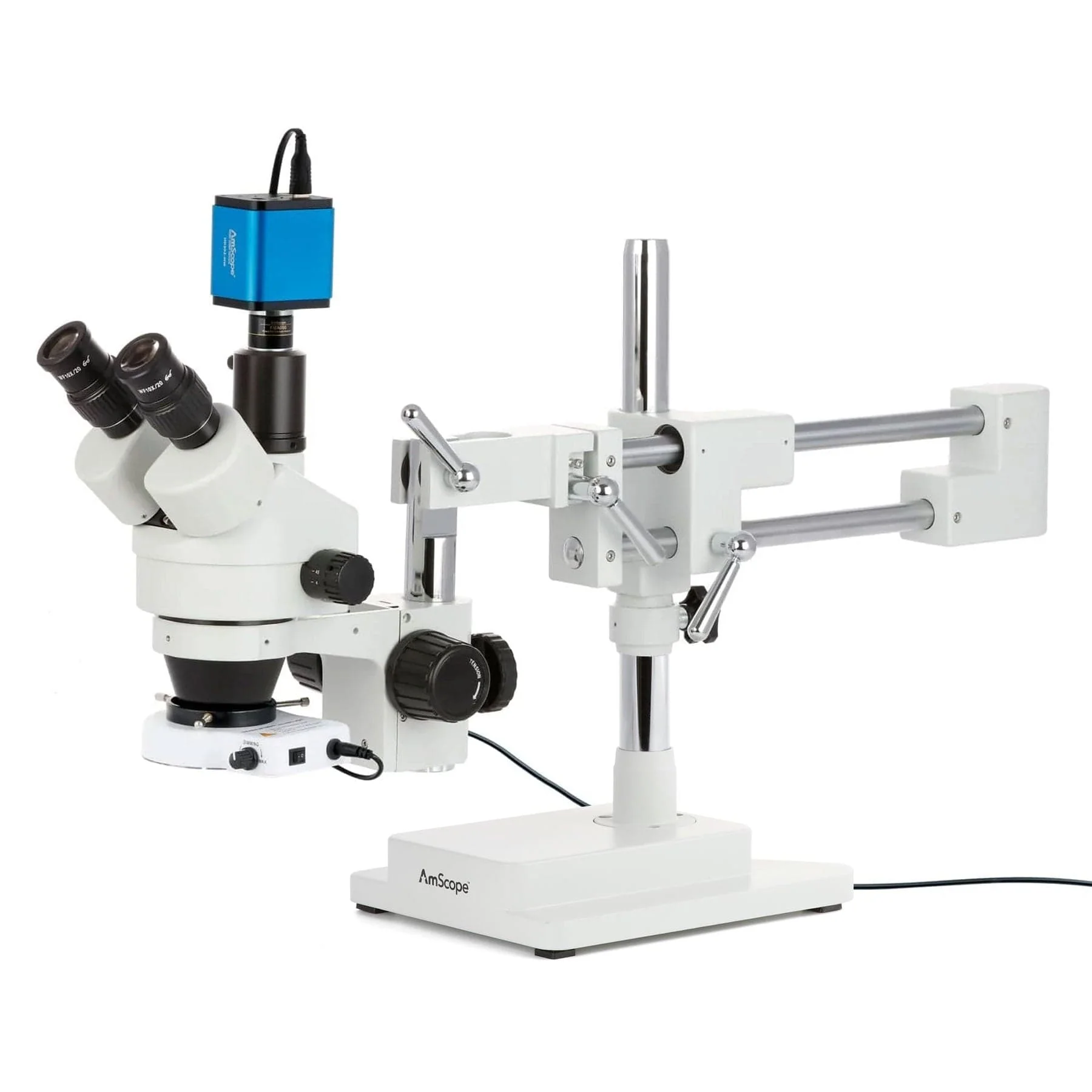 AmScope SM-4 Series Zoom Trinocular Stereo Microscope with 80 LED Compact Ring Light and HDMI Camera on Double Arm Boom Stand - Image 2